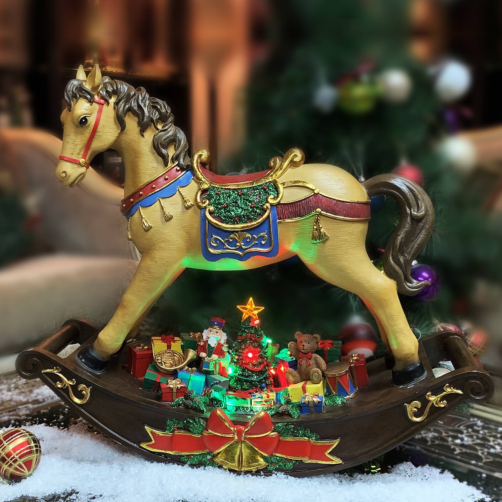 Moments in Time 19.5" Rocking Horse with Santa Placing Presents Scene