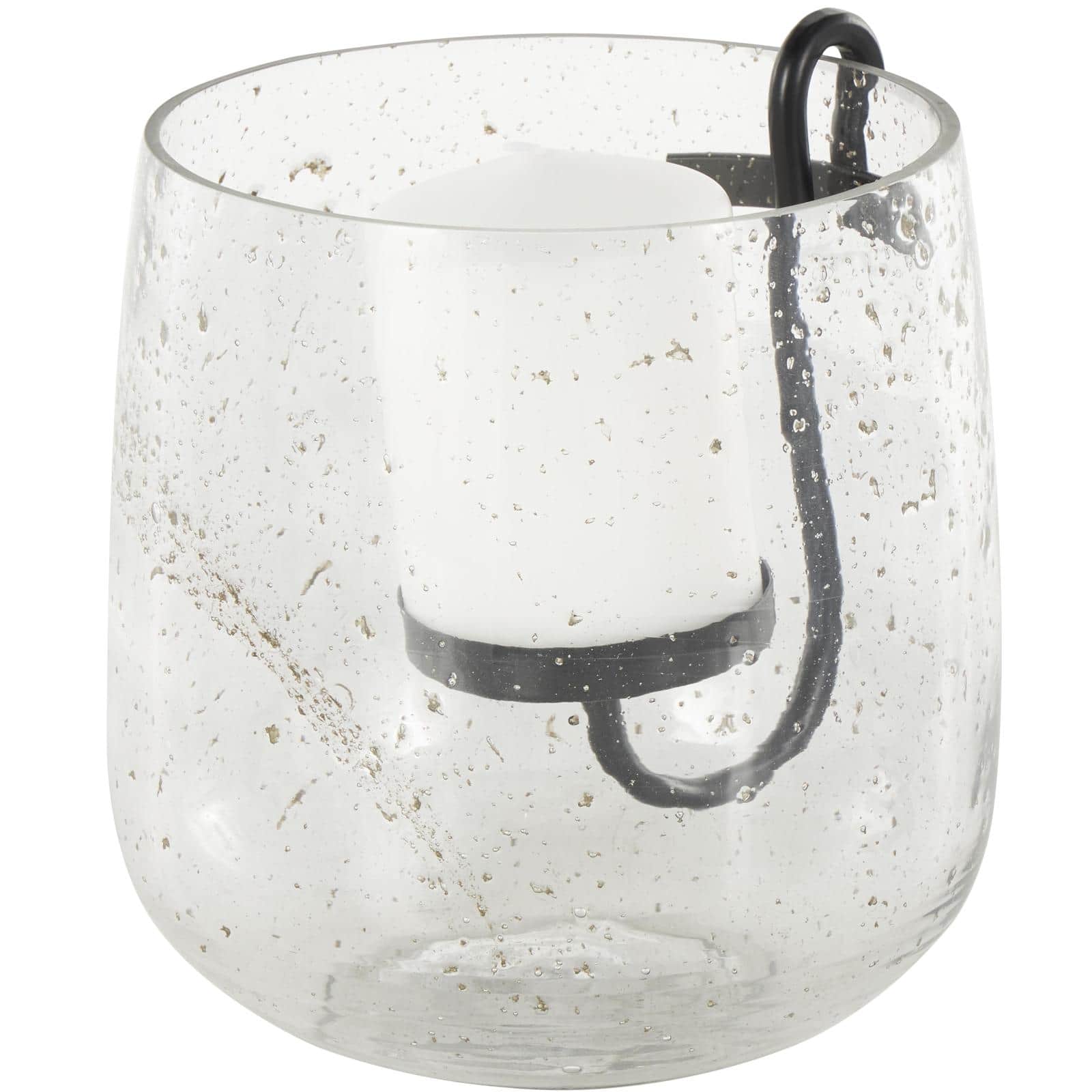 7.75" Clear Glass Candle Holder with Black Metal Accents & Brown Speckles