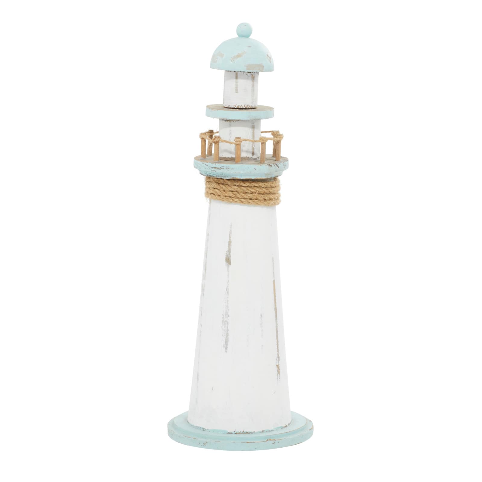 Coastal White Wooden Lighthouse Sculpture, 15" x 6" x 6"