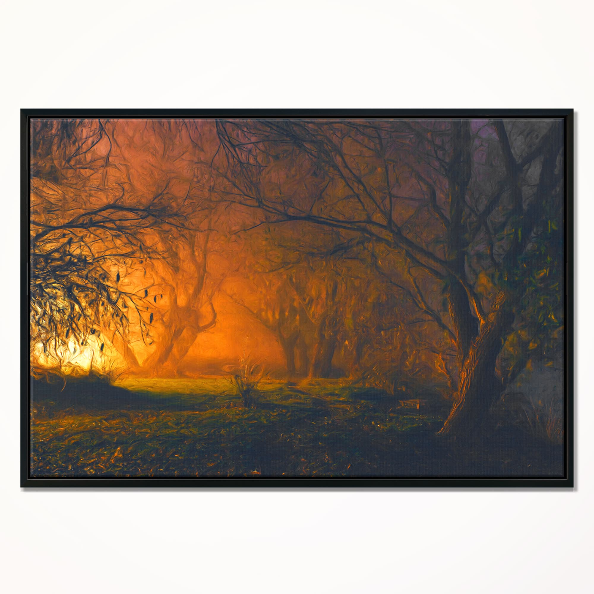 Designart - Magical Light in Forest - Landscape Art Print Canvas in Black Frame