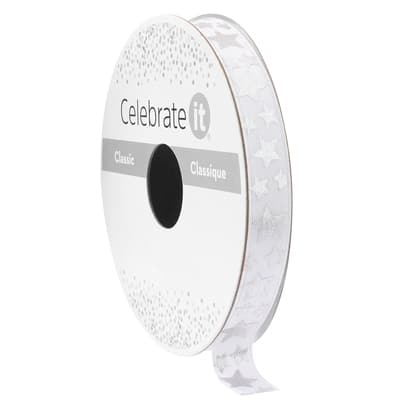 3/8" x 7yd. White & Silver Foil Stars Satin Ribbon by Celebrate It® Classic image