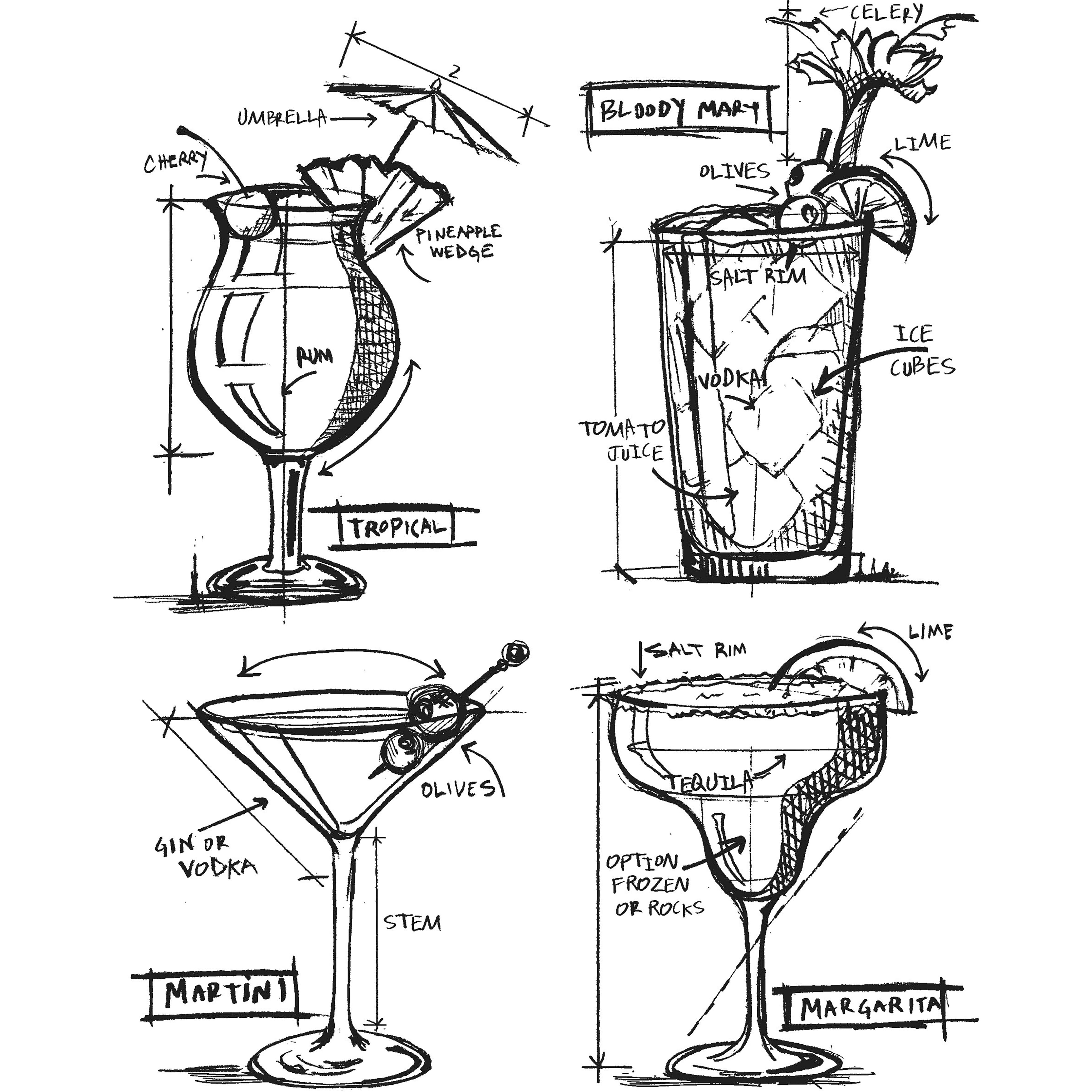 Stampers Anonymous Tim Holtz® Cocktails Blueprint Cling Stamp Set