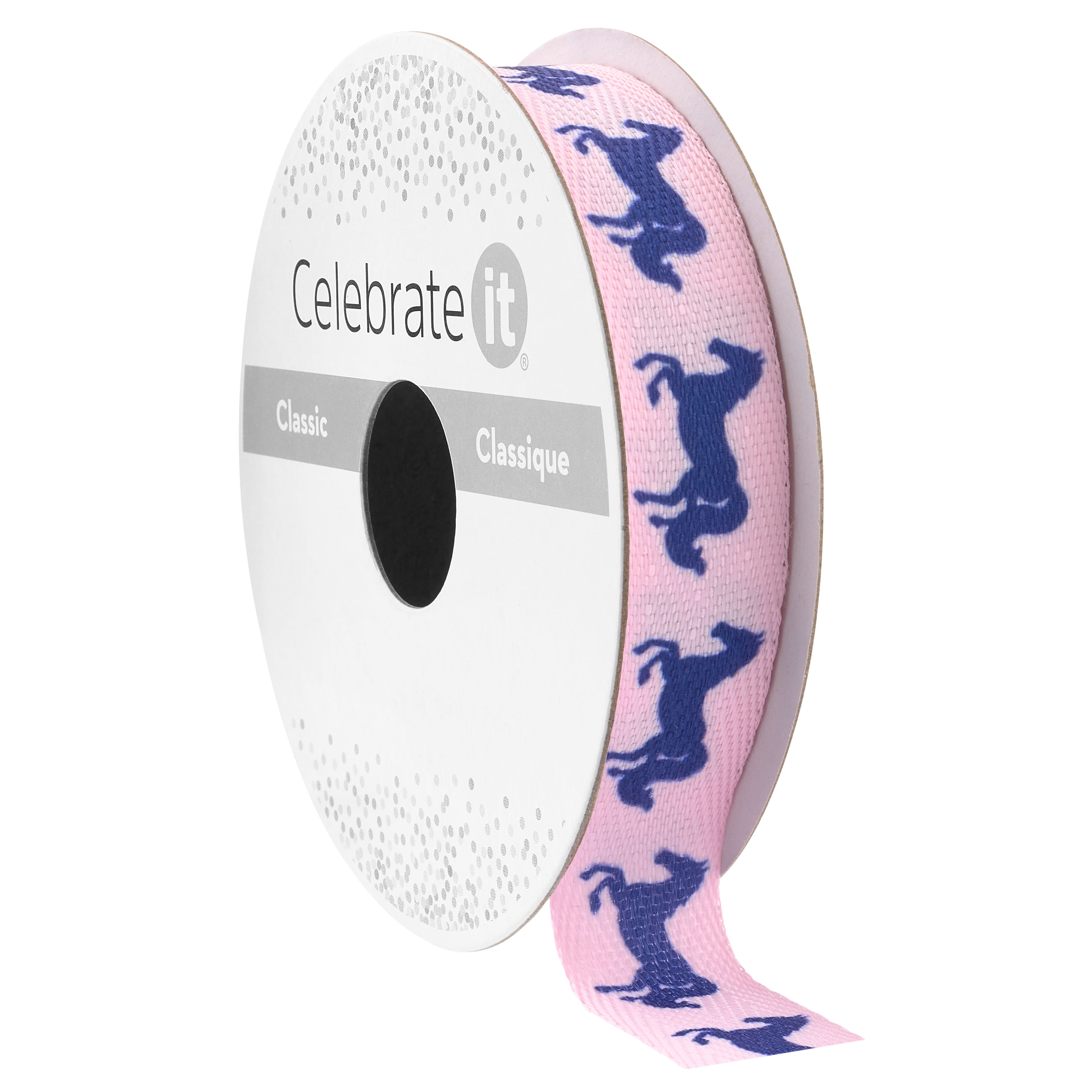 5/8&#x22; x 7yd. Blue &#x26; Pink Horses Faux Linen Ribbon by Celebrate It&#xAE; Classic