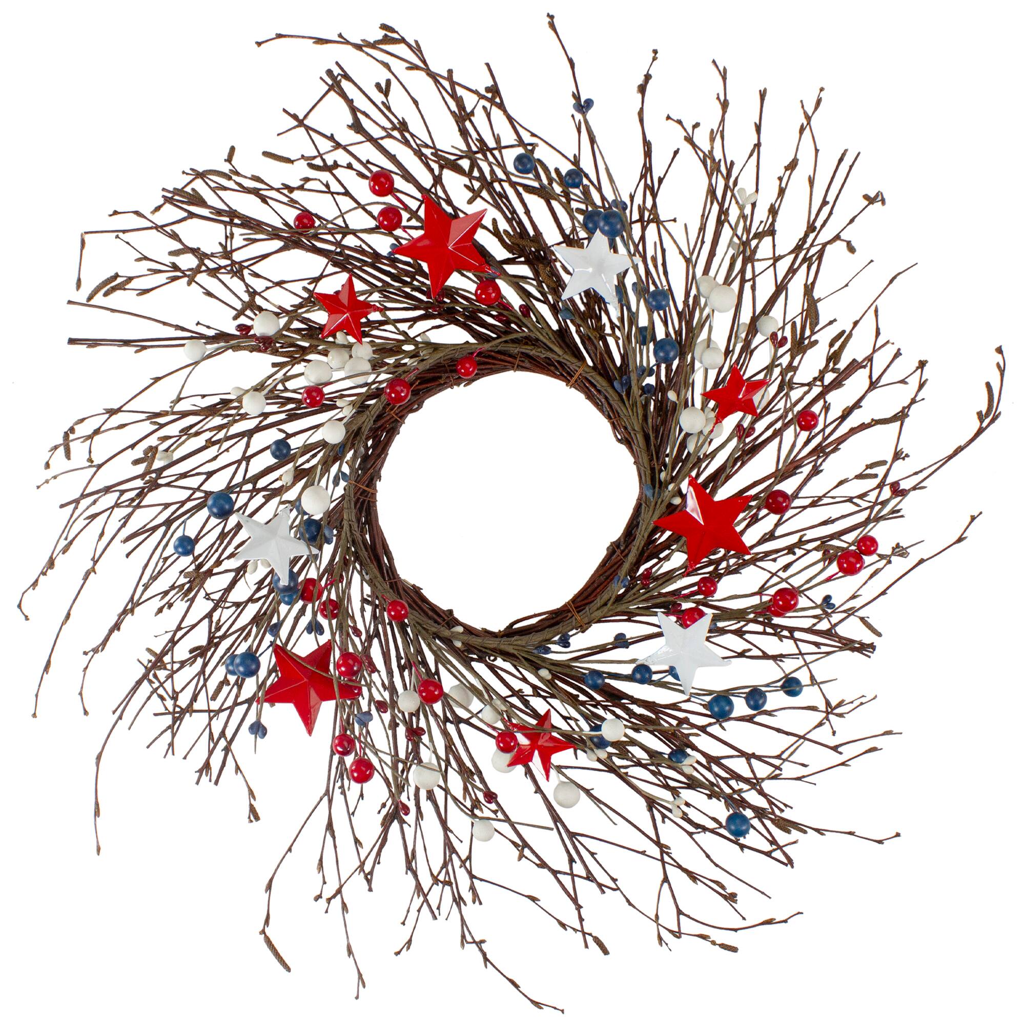 24" Red & Blue Berries & Stars Patriotic Twig Wreath