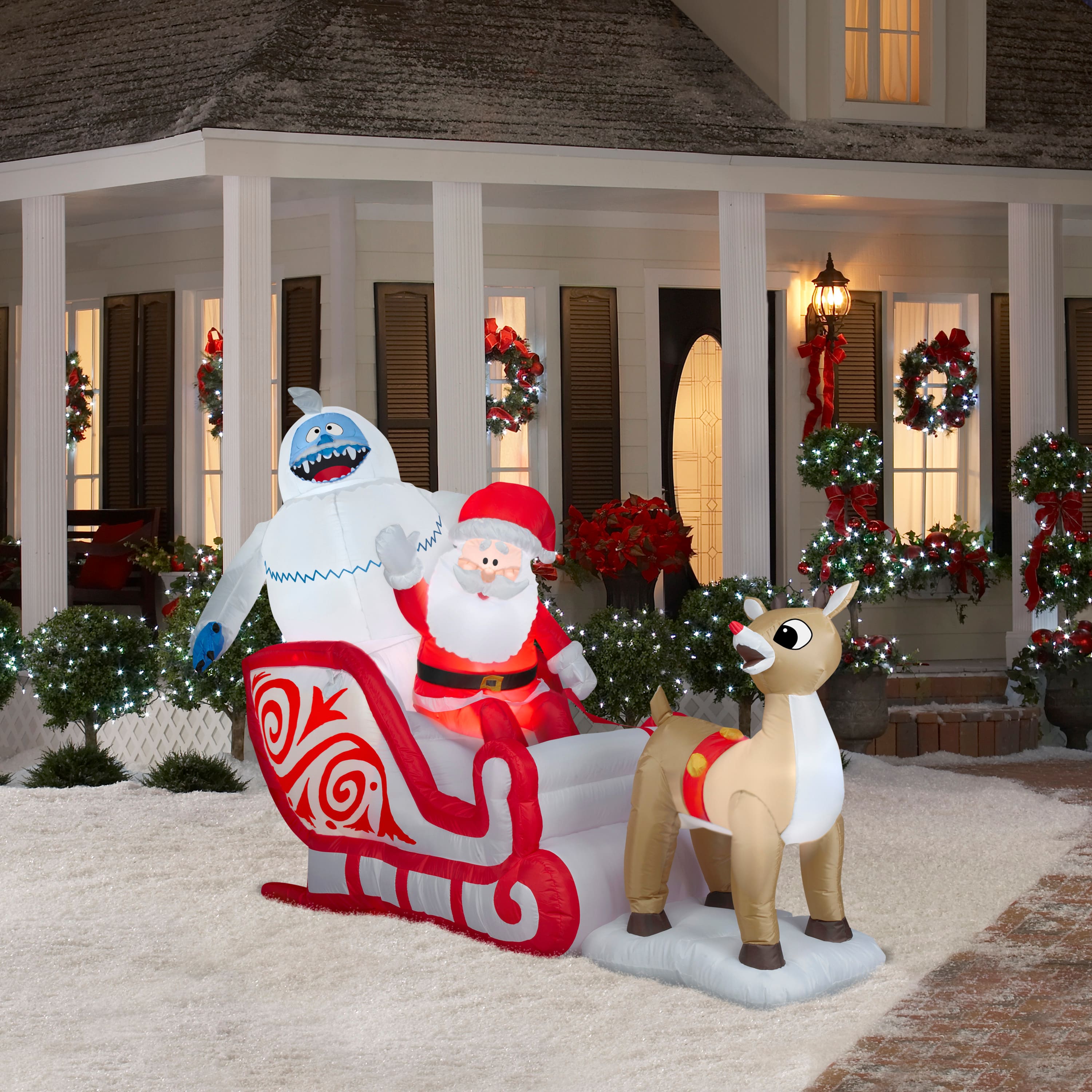 6ft. Airblown® Inflatable Rudolph Pulling Santa & Bumble Sleigh Scene ...