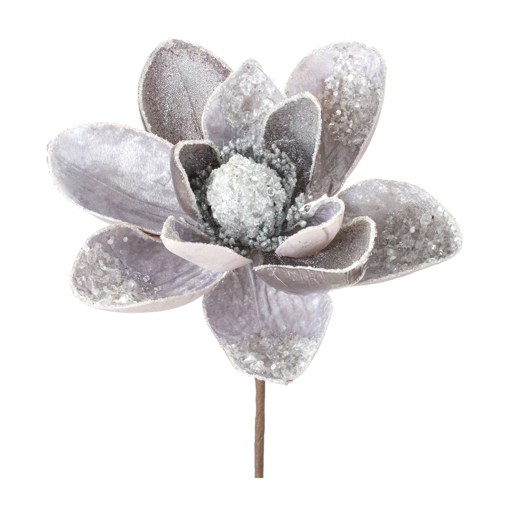 Silver &#x26; Gray Glittered Magnolia Flower Stems, 2ct.