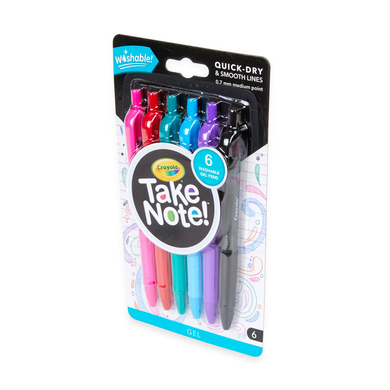 Crayola Take Note! Gel Pen, Washable, 0.7 mm, Medium Point - 6 pens