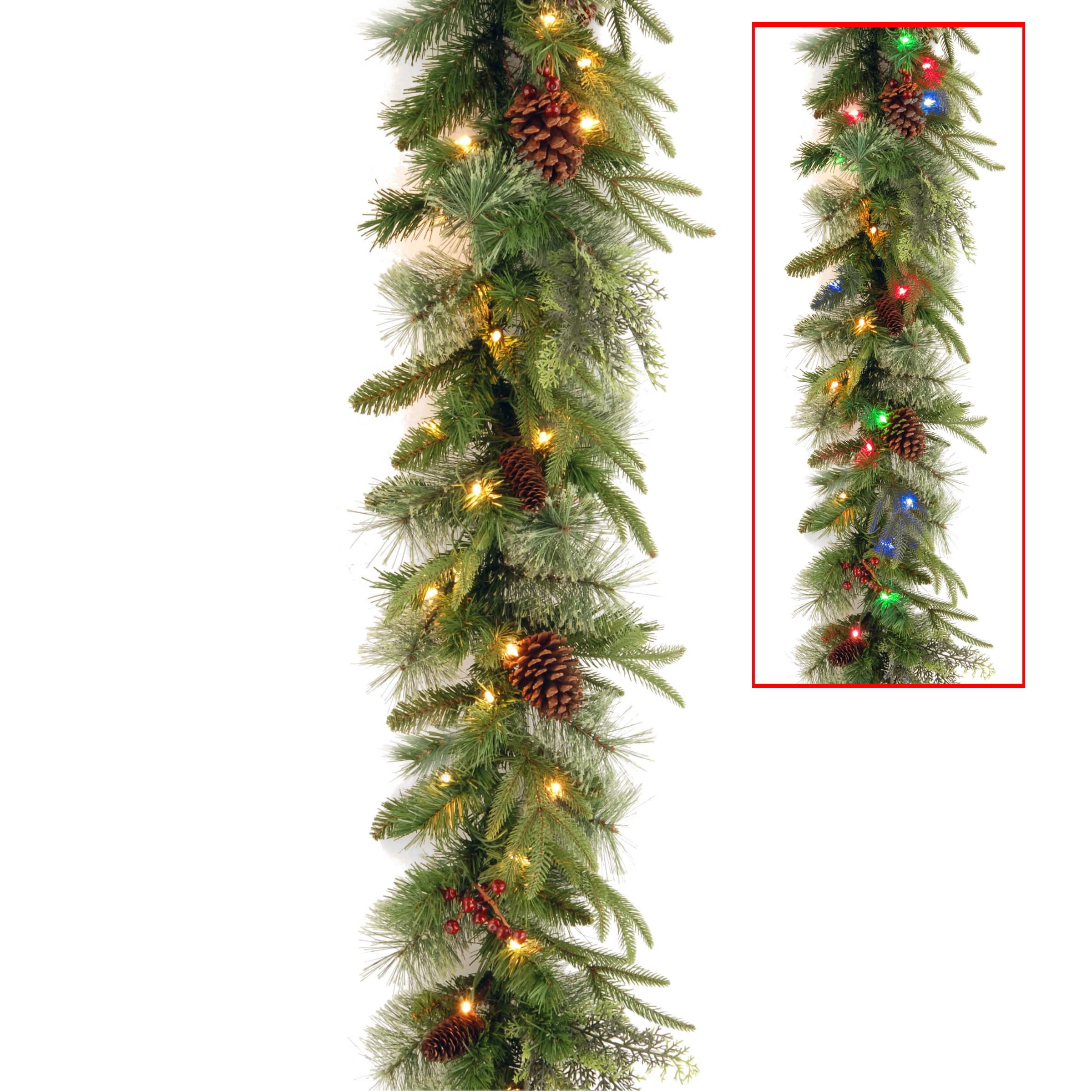 9' x 10" Pre-lit Feel Real® Artificial Christmas Colonial Garland with 15 Pine Cones, 15 Red Berries and 50 Dual Color® Battery Operated LED Lights w/Timer-9 Functions