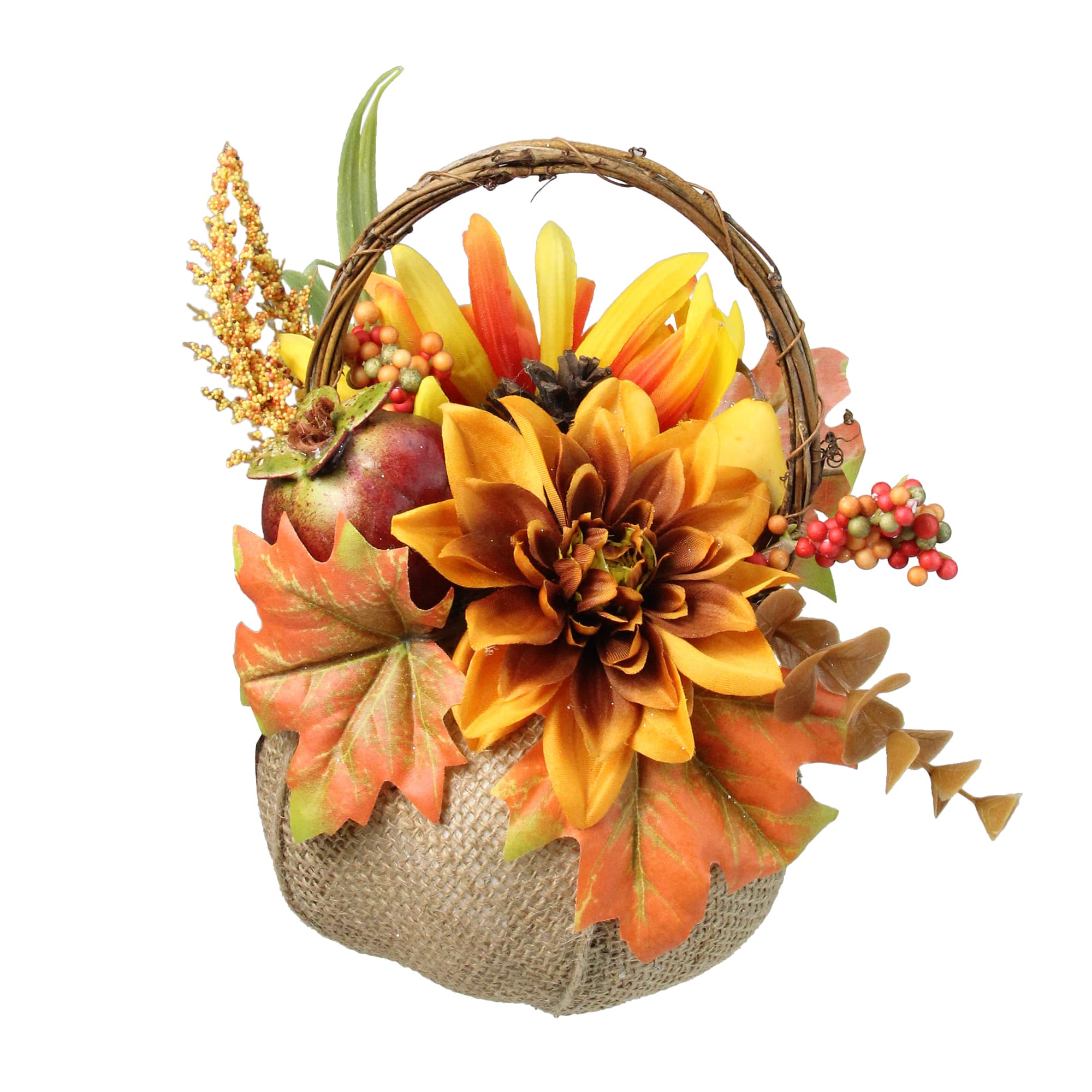 9&#x22; Autumn Harvest Burlap Pumpkin with Flowers and Fruit Thanksgiving Decoration