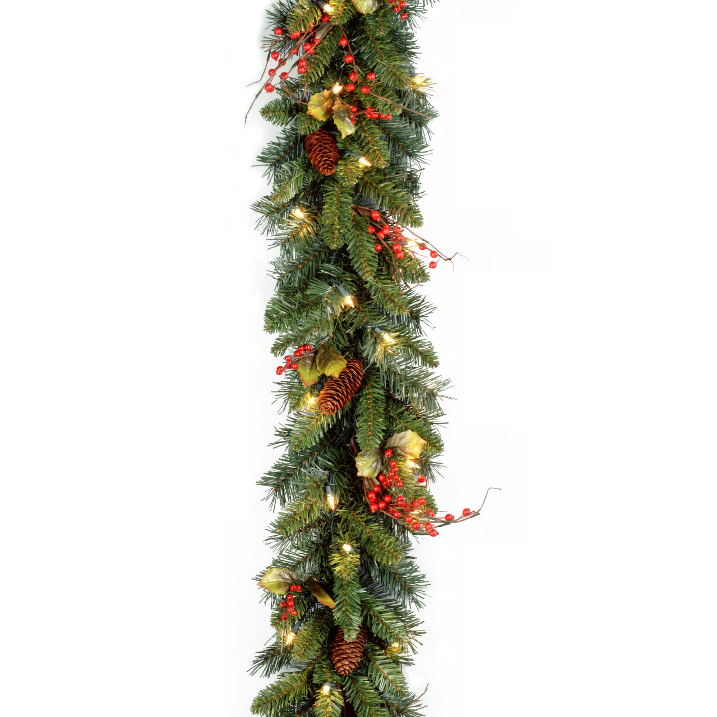 9' x 10" Pre-lit Classical Collection Artificial Christmas Garland with Red Berries, Cones, Holly Leaves and 50 Clear Lights
