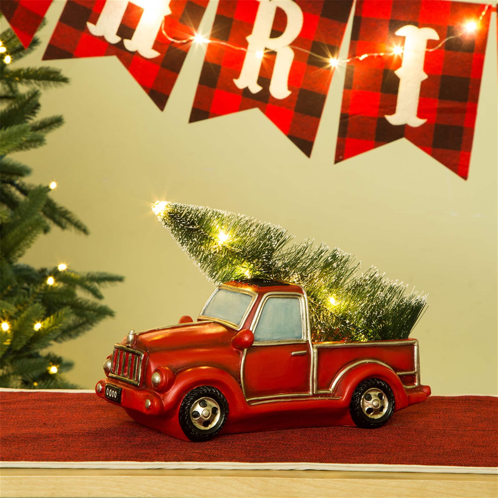 Glitzhome&#xAE; LED Lighted Red Truck Christmas Table D&#xE9;cor