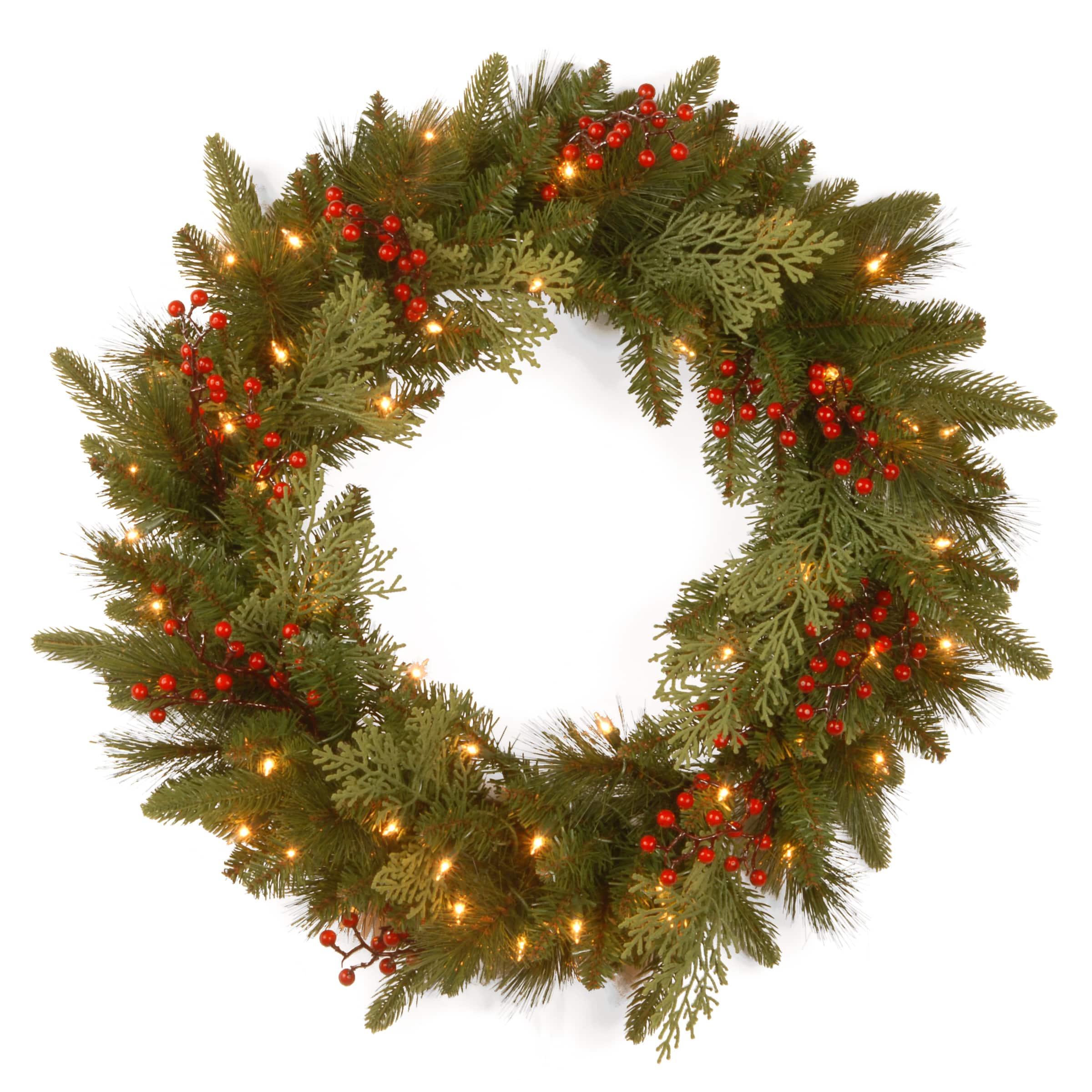 24" Feel Real® Classical Collection Wreath with Red Berries, Cedar Leaves & Warm White LED Lights