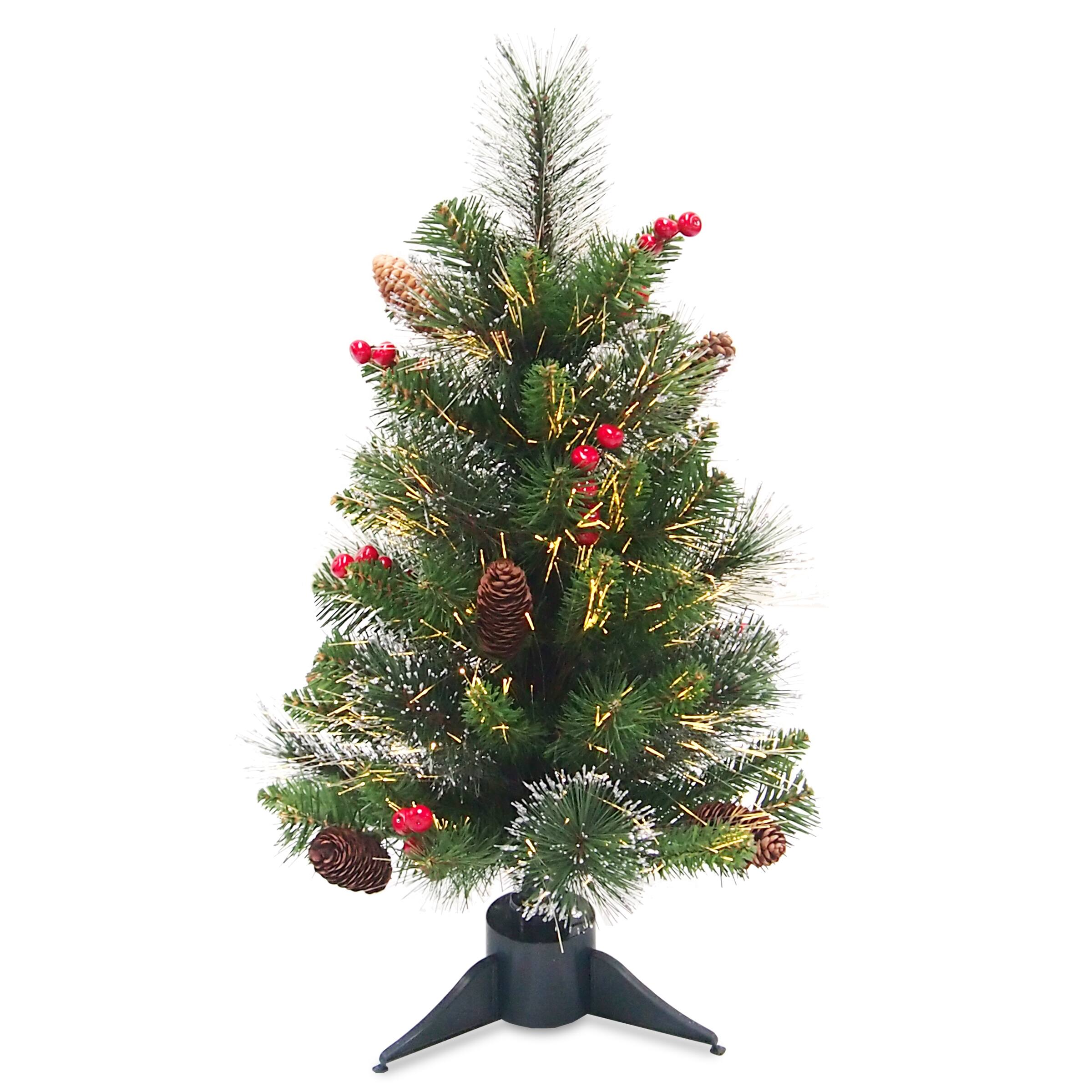 24" Fiber Optic Warm White Ice Crestwood Artificial Christmas Tree with Silver Bristle, Pinecones, Red Berries & Glitter
