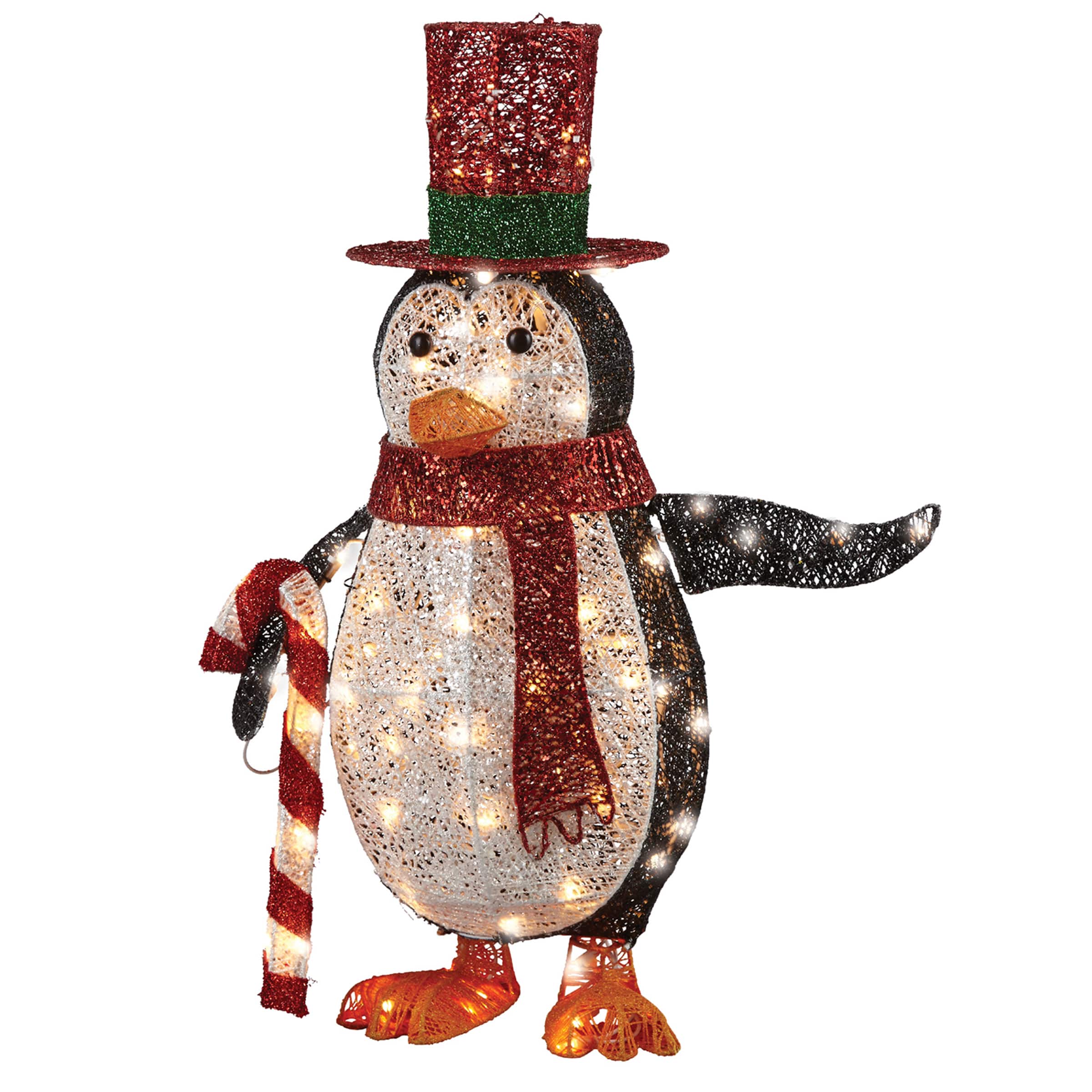 36" Penguin Holding Candy Cane, White LED Lights