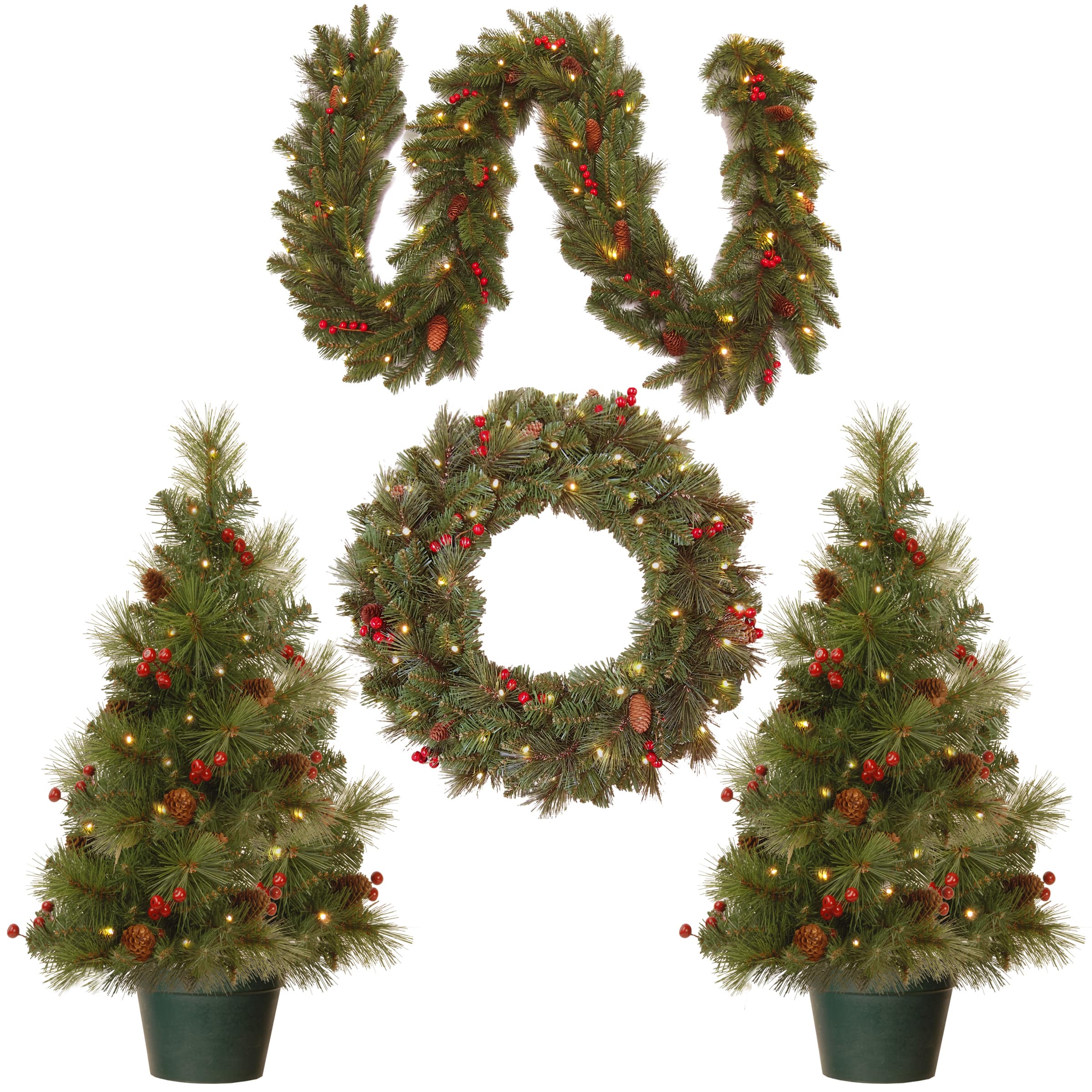 4-Piece Pre-Lit Pinecones & Berries Artificial Christmas Entrance Trees, Garland & Wreath, Warm White LED Lights