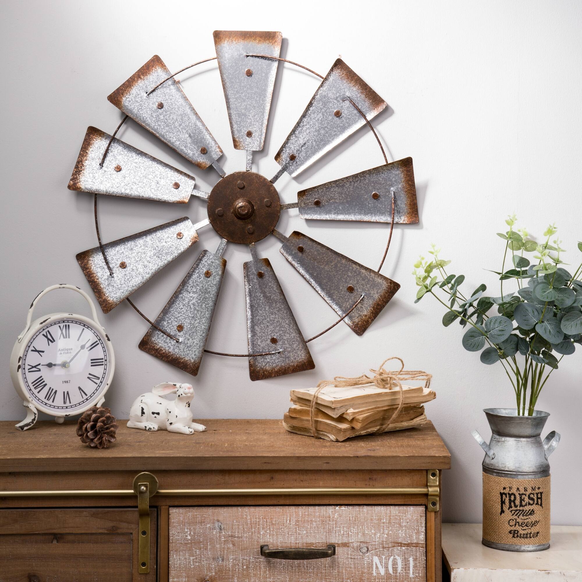 Glitzhome® 22" Farmhouse Metal Galvanized Wind Spinner Wall Décor