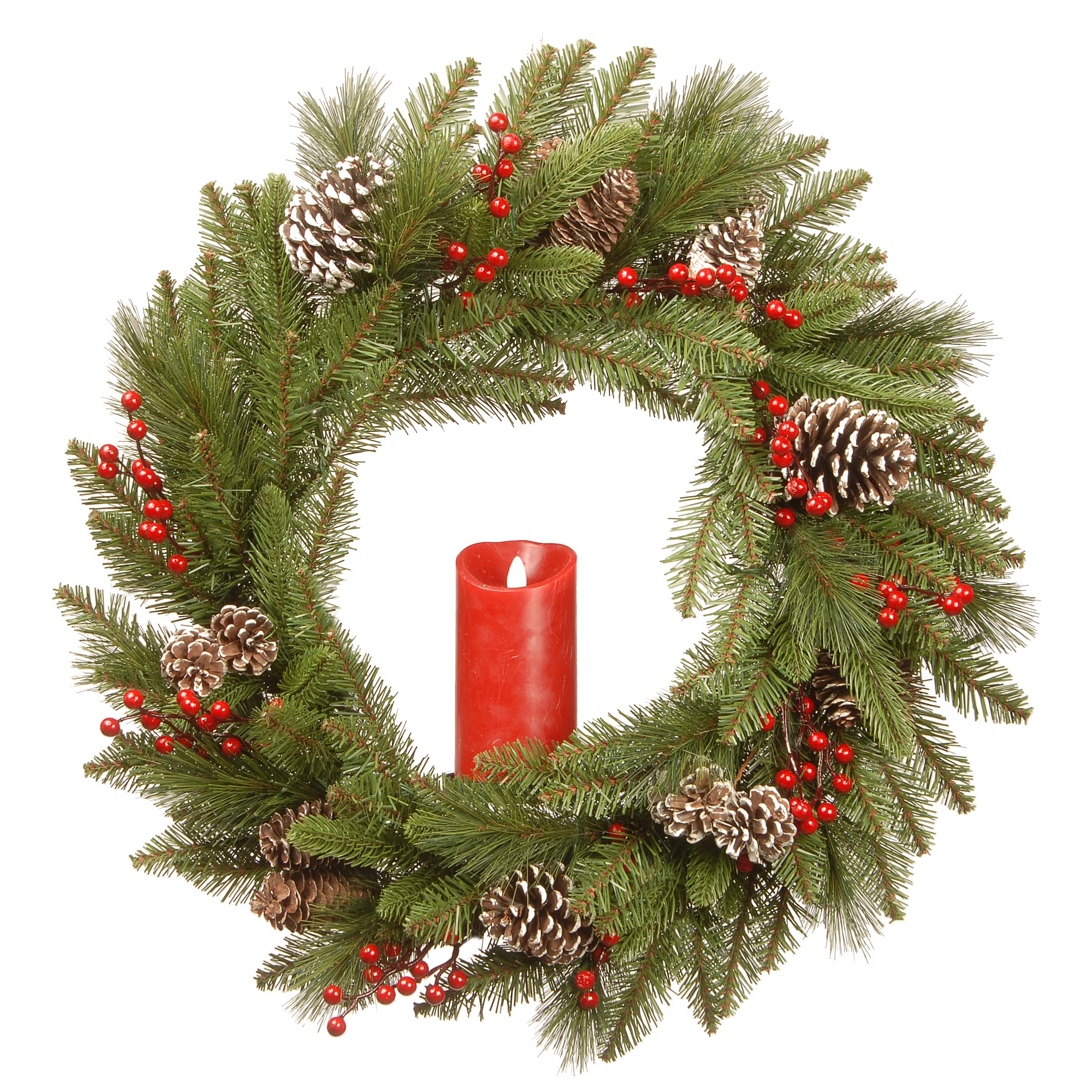24" Feel Real® Bristle Berry Wreath with Red Electronic Candle, Red Berries & Cones