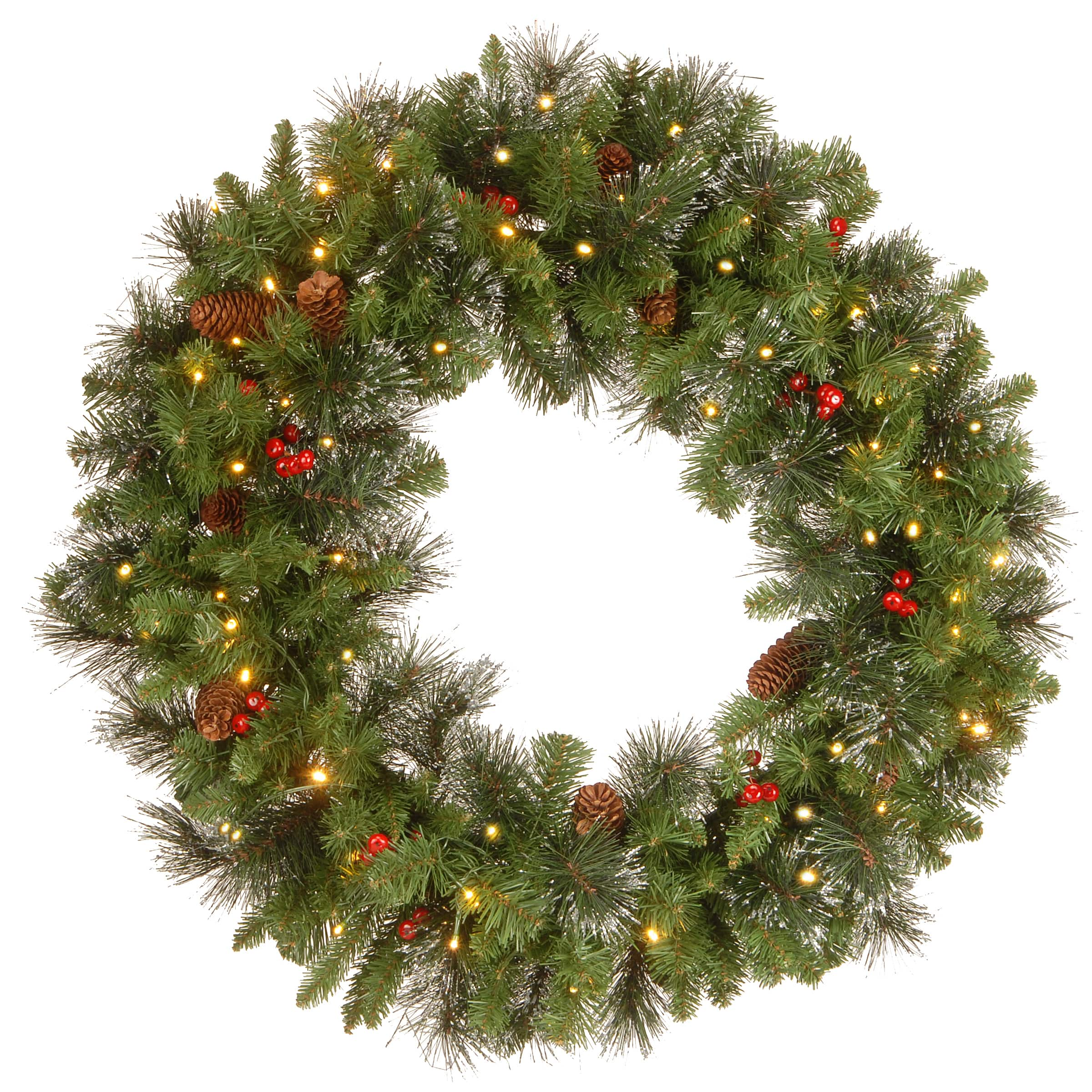 30&#x22; Crestwood&#xAE; Spruce Wreath with Pine Cones, Red Berries, Glitter &#x26; Clear Lights