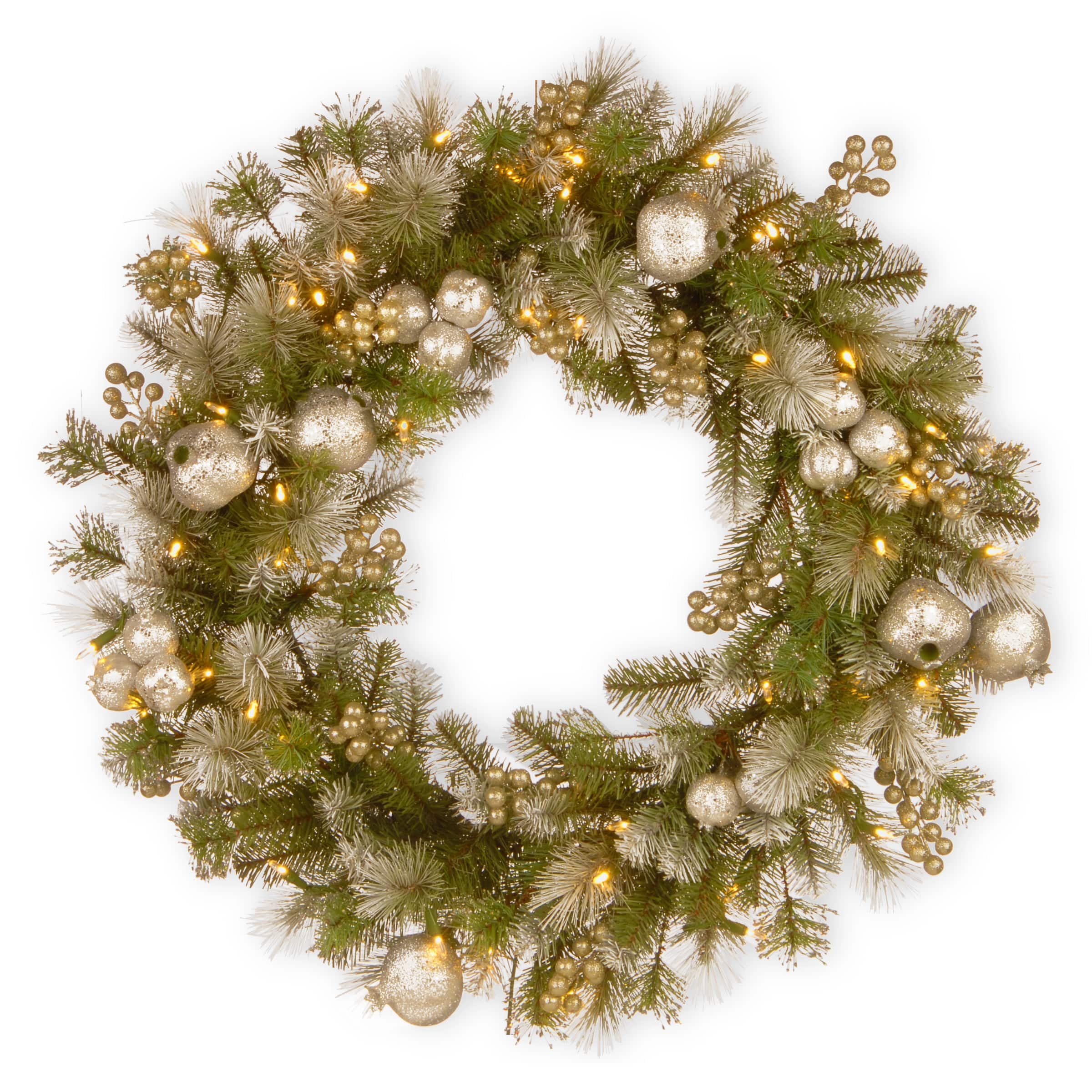 24" Glittery Pomegranate Pine Wreath with Silver Pomegranate Champagne Berries, White Frosted Tips & Warm White LED Lights