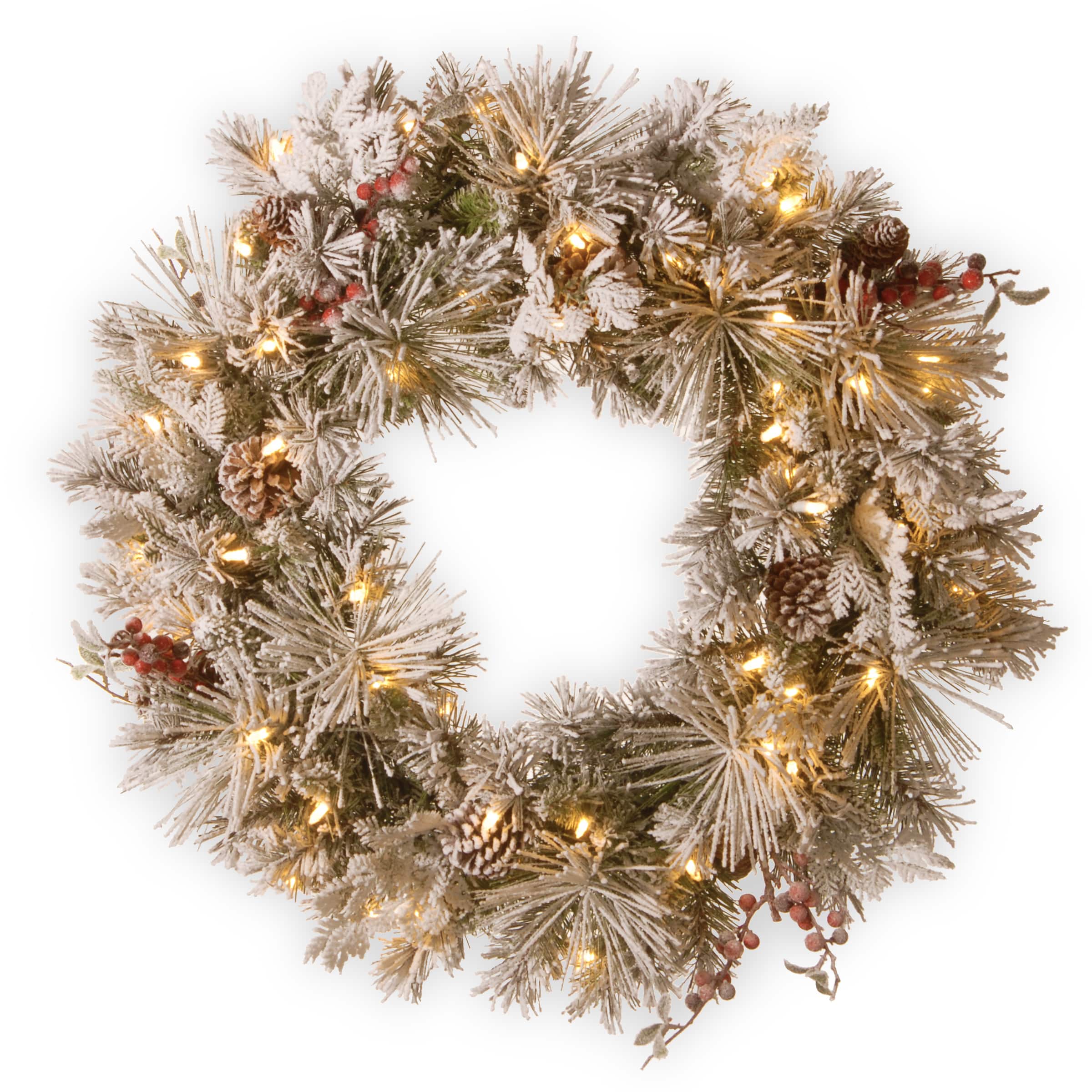 30&#x22; Snowy Bedford Pine Wreath with Cedar Leaves, Red Berries, Mixed Cones &#x26; 70ct. Warm White Battery Operated LED Lights with Timer