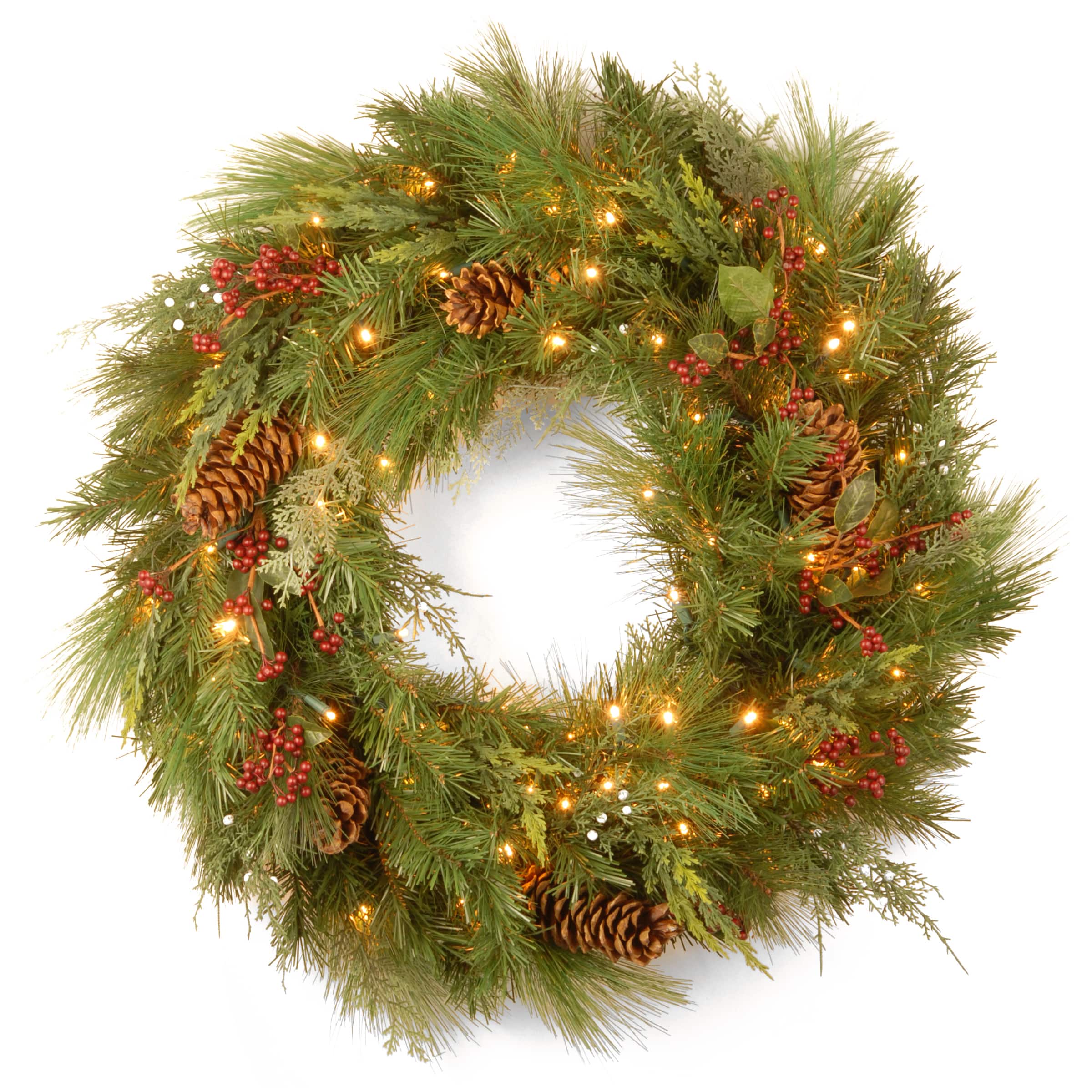 30&#x22; White Pine &#x26; Pine Cones Wreath With Soft White LED Lights