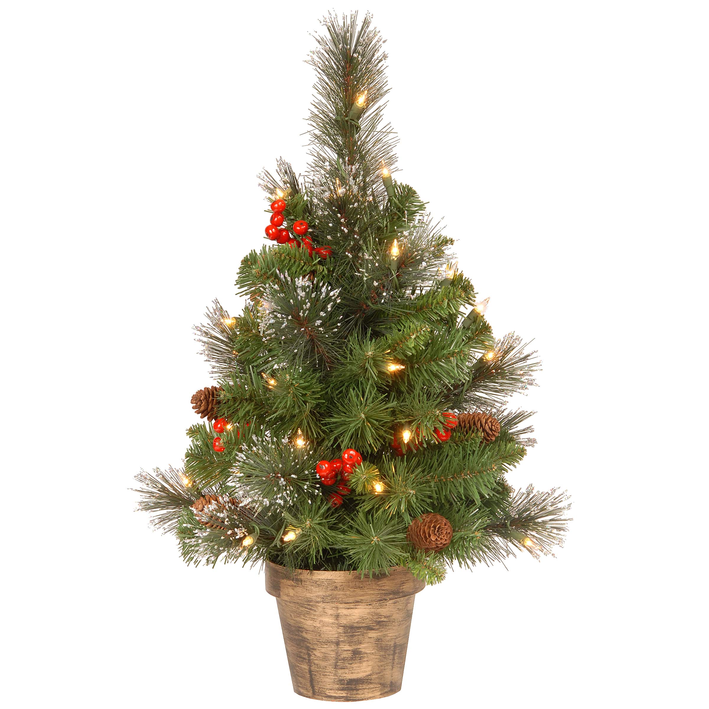 2ft. Pre-Lit Crestwood Spruce Small Tree With Silver Bristle, Cones, Red Berries & Glitter In A Plastic Bronze Pot, Clear Lights