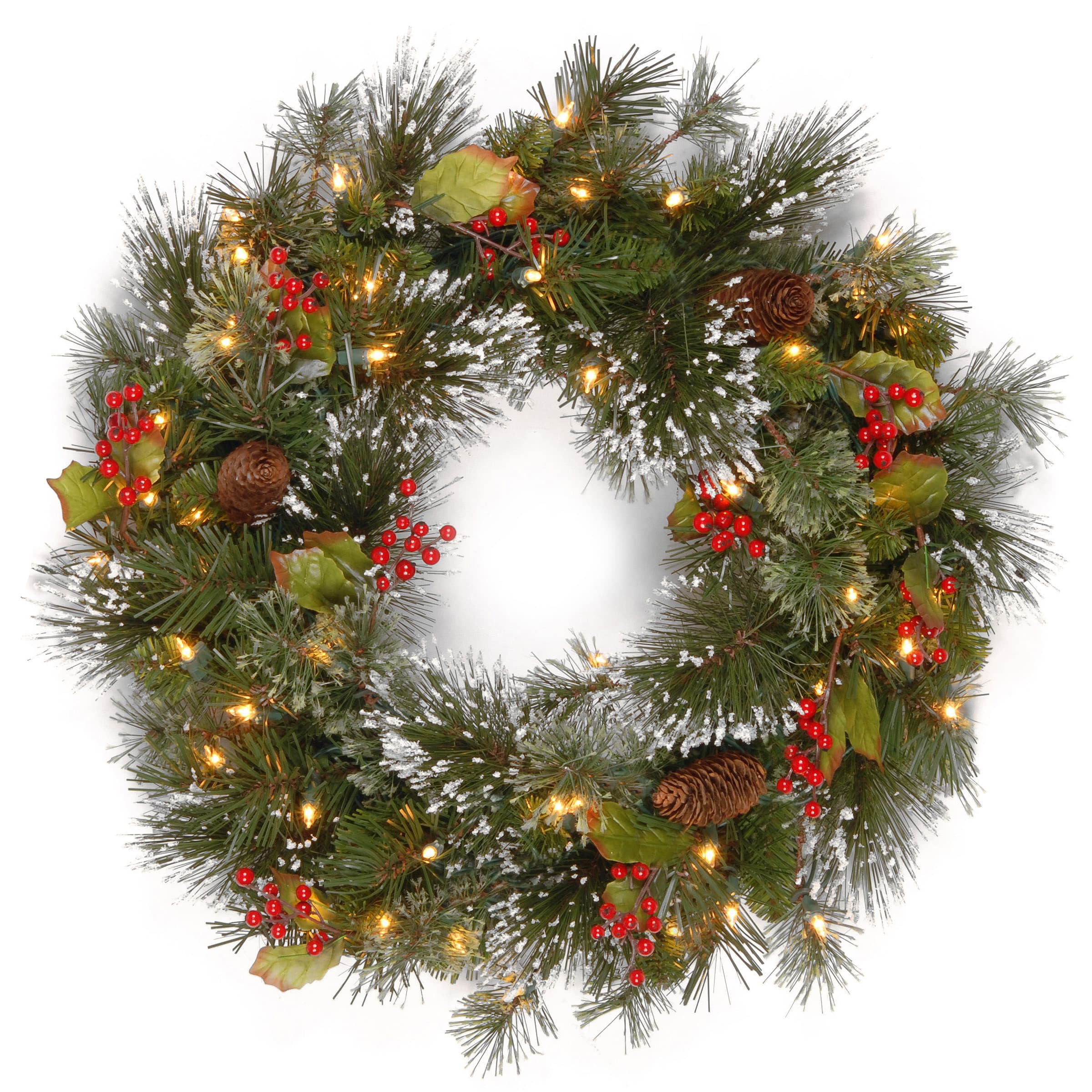 24" Wintry Pine® Wreath with Pine Cones, Red Berries, Snowflakes & Warm White LED Lights
