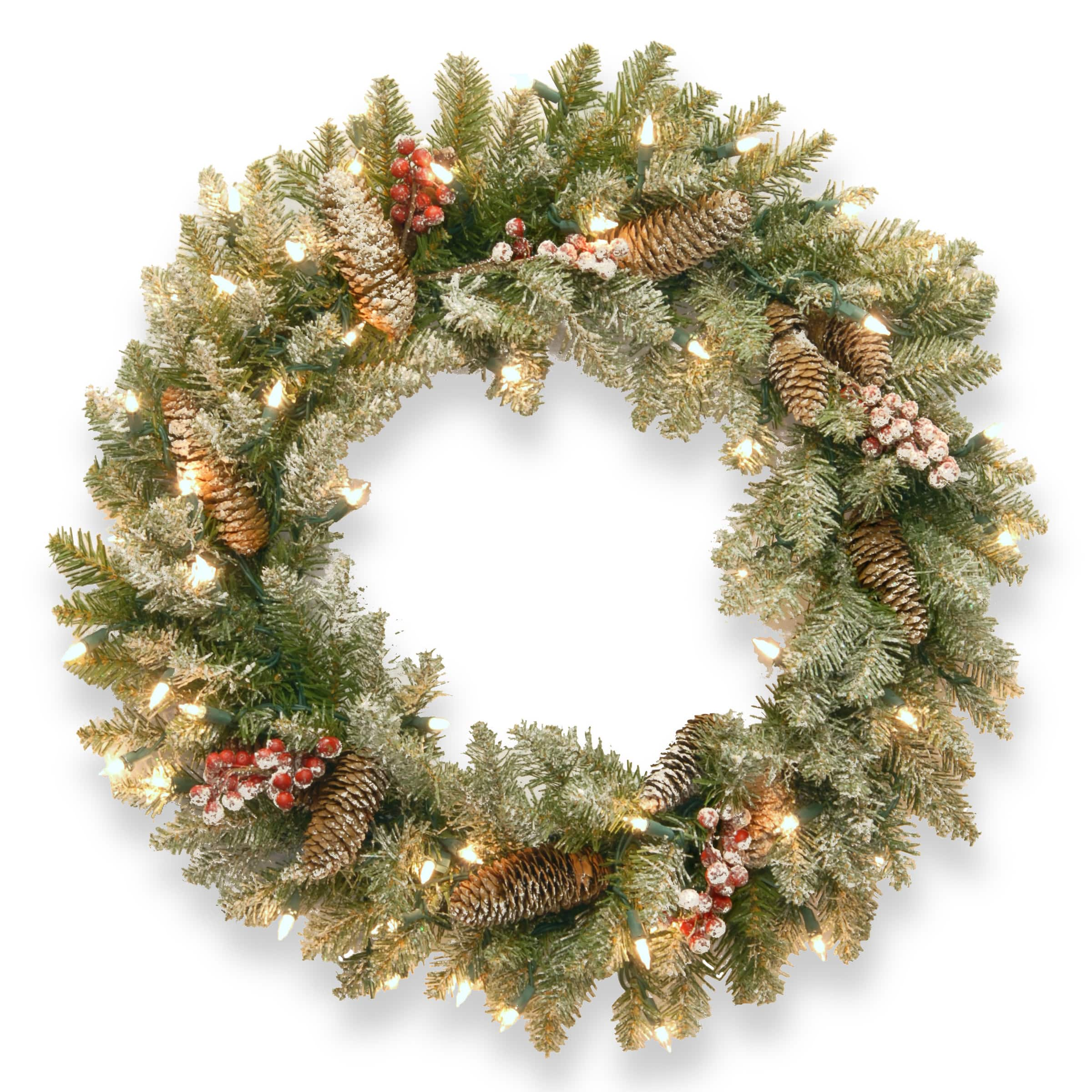 30&#x22; Dunhill&#xAE; Fir Wreath with Snow, Red Berries, Cones &#x26; 50ct. Clear Lights