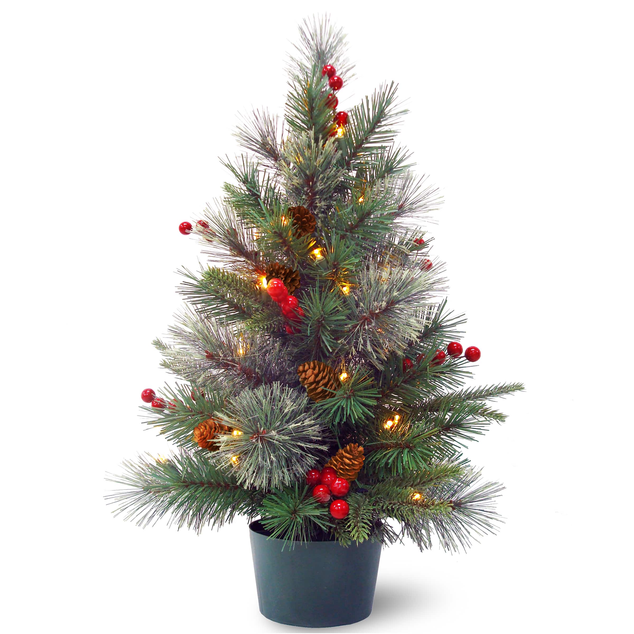 2ft. Pre-Lit Feel Real® Red Berries & Pinecones Colonial Small Wrapped Artificial Christmas Tree, Warm White LED Lights