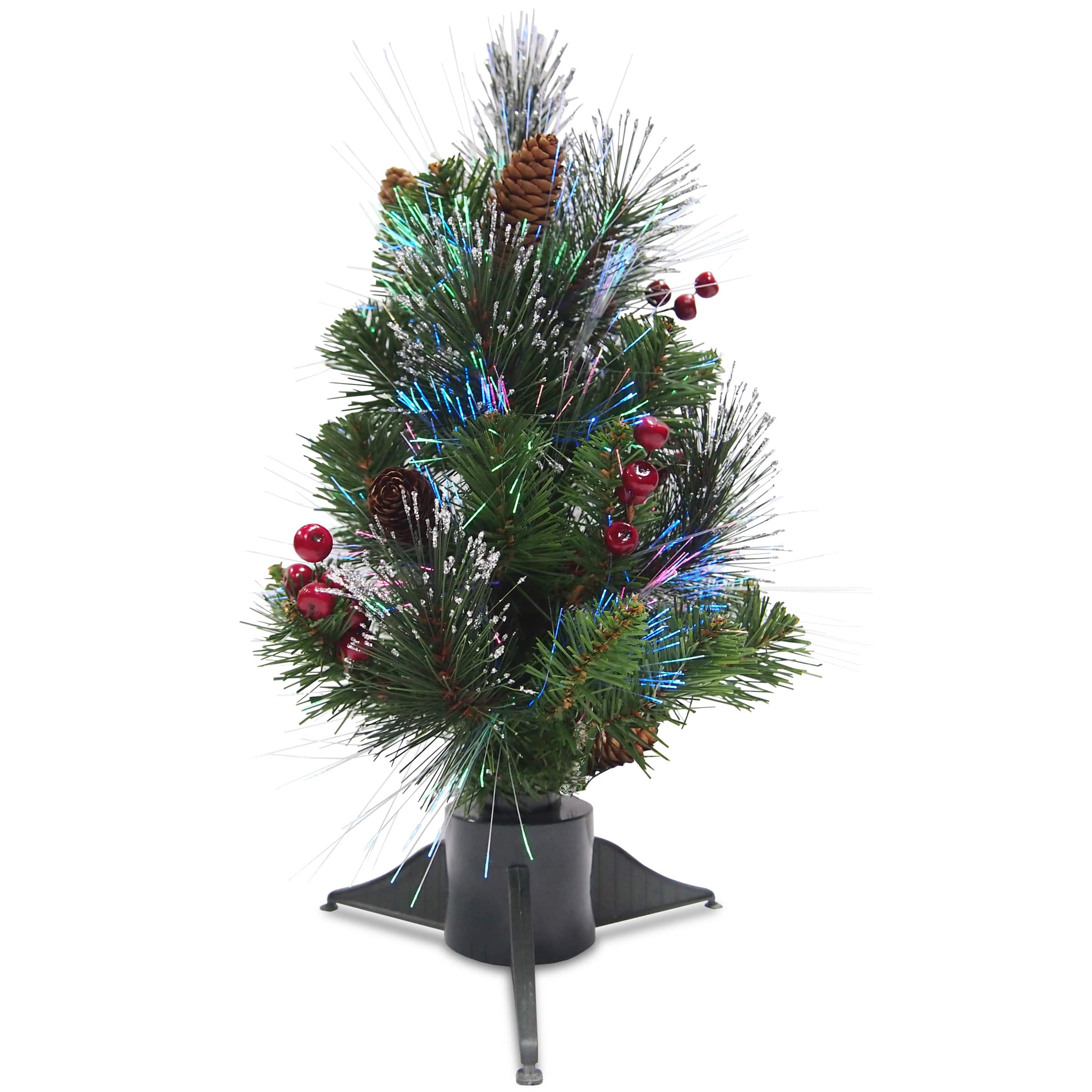 18" Fiber Optic Color Changing Ice Crestwood Artificial Christmas Tree with Silver Bristle, Pineones, Red Berries & Glitter