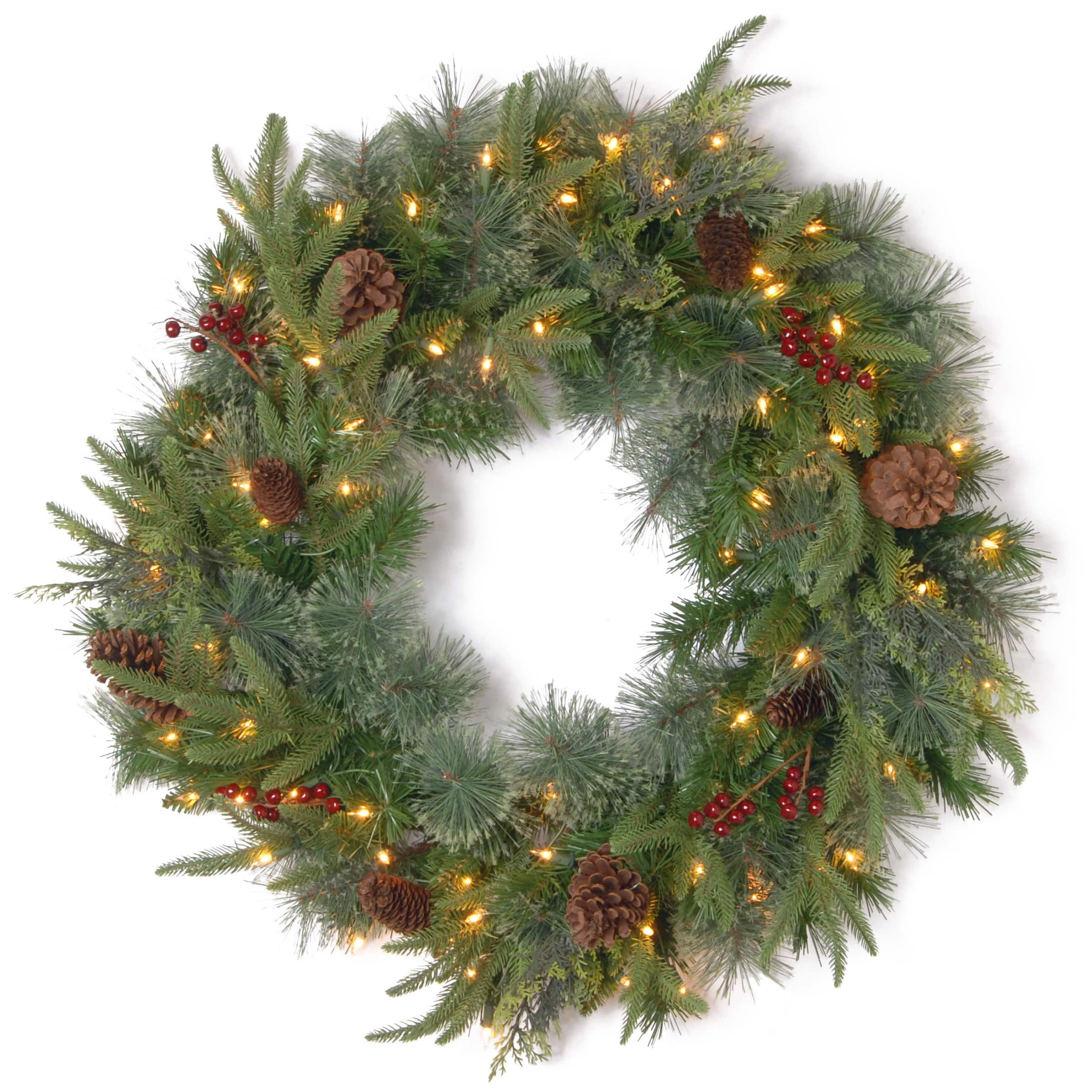 24&#x22; Feel Real&#xAE; Colonial Wreath with Pine Cones, Red Berries &#x26; Dual Color LED Lights