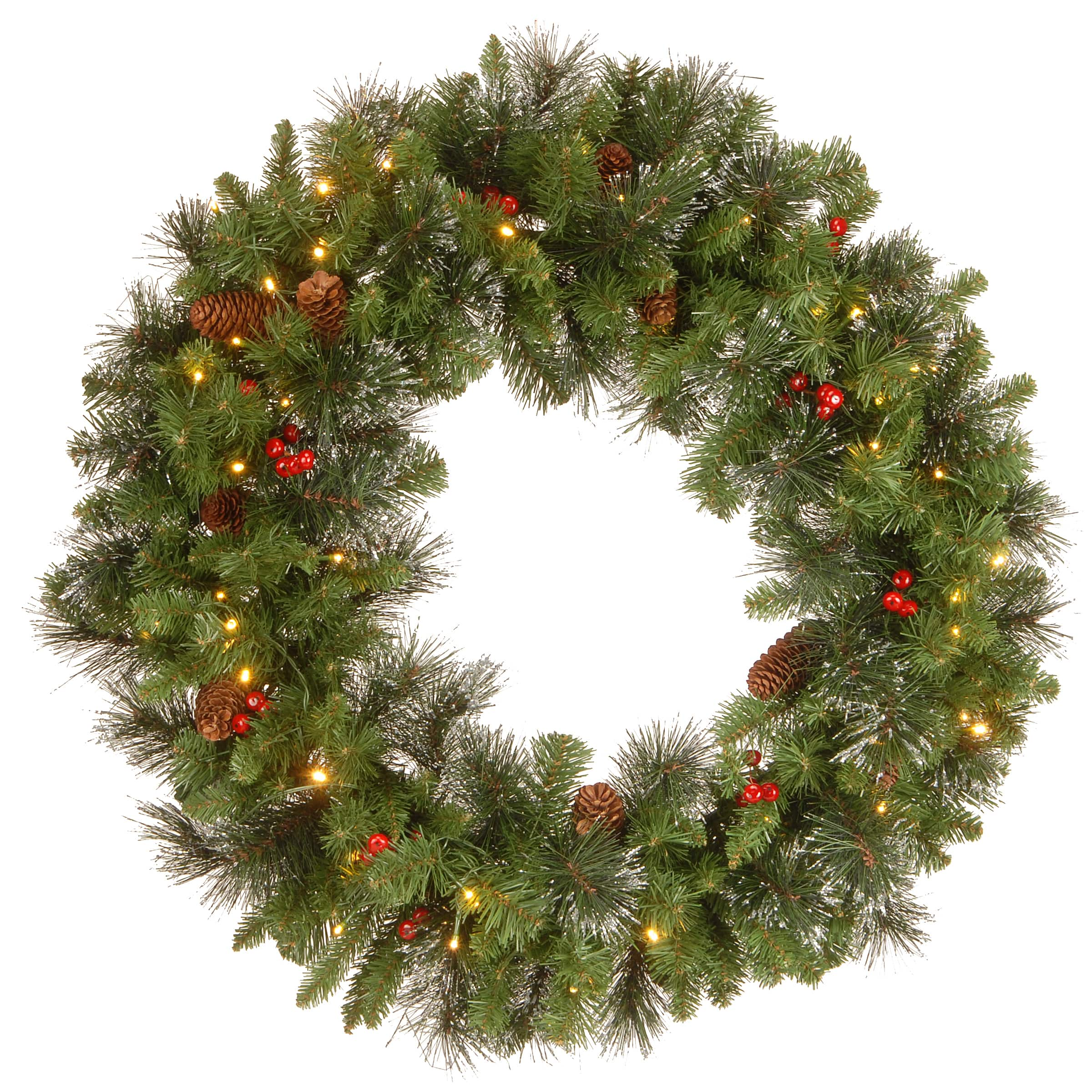 30&#x22; Crestwood&#xAE; Spruce Wreath with Cones, Red Berries, Glitter &#x26; 70ct. Warm White Battery Operated LED Lights with Timer