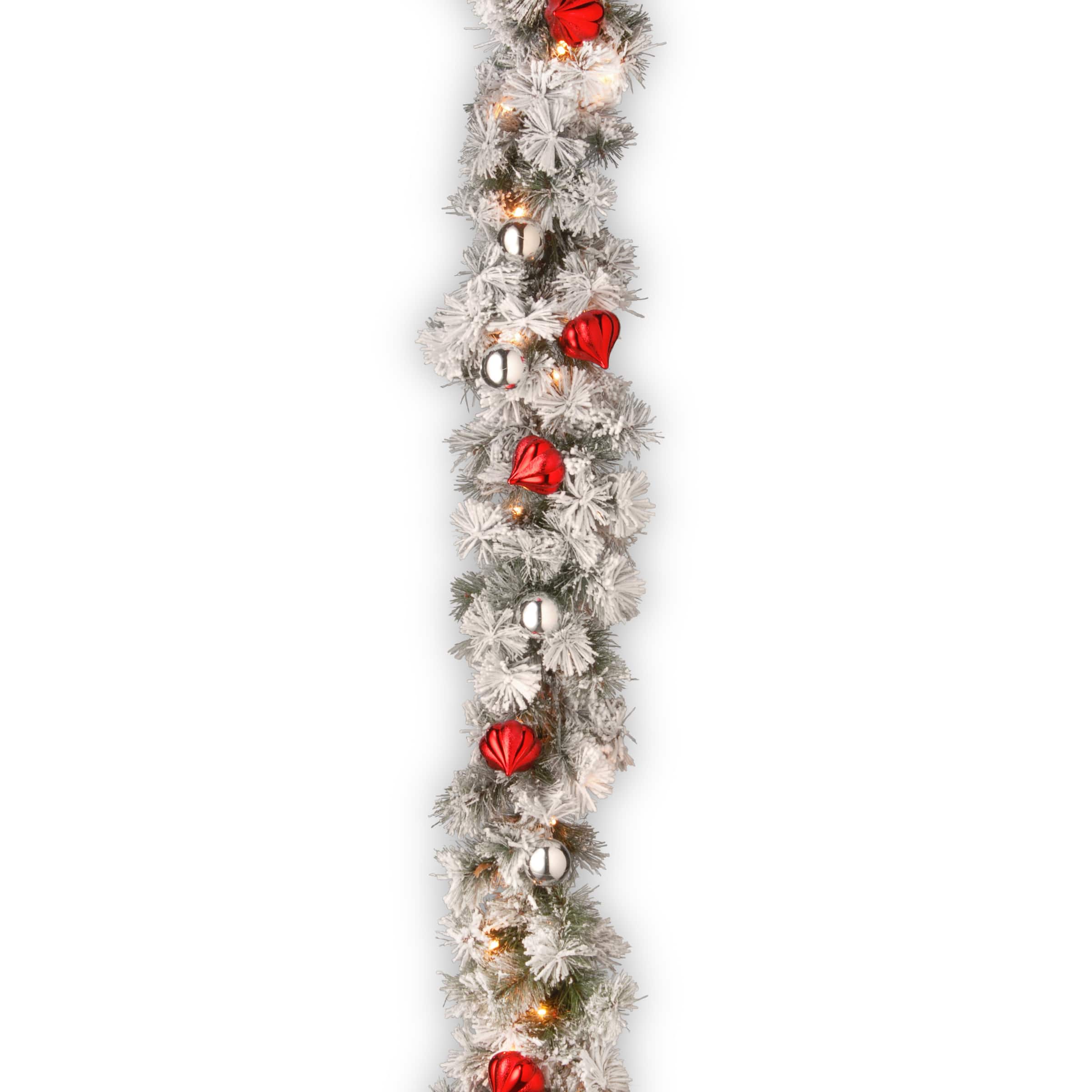 9 ft. Pre-lit Snowy Bristle Artificial Christmas Pine Garland with Red & Silver Ornaments & 70 Clear Lights