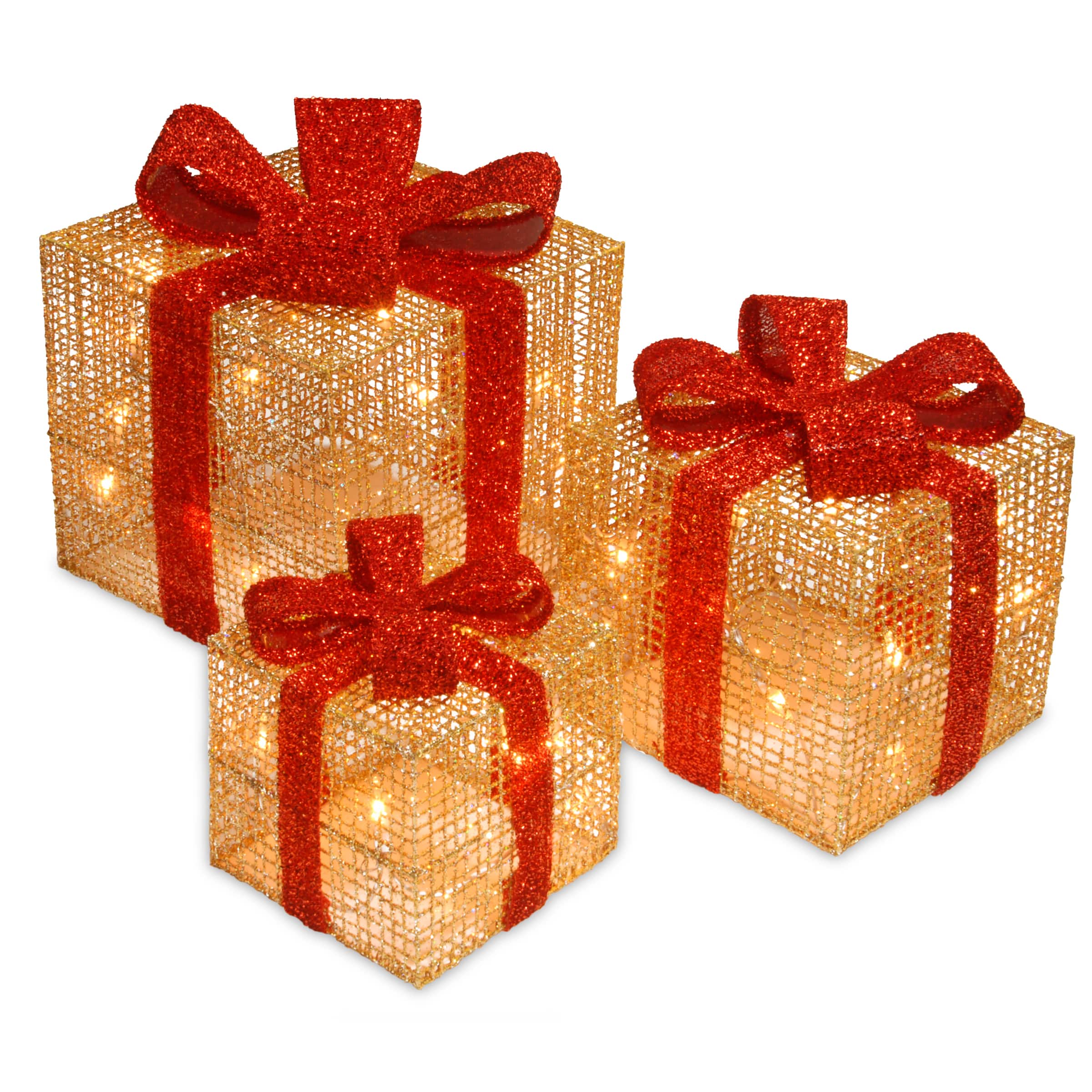 Gold & Red Gift Box Set with Holly with Clear Lights
