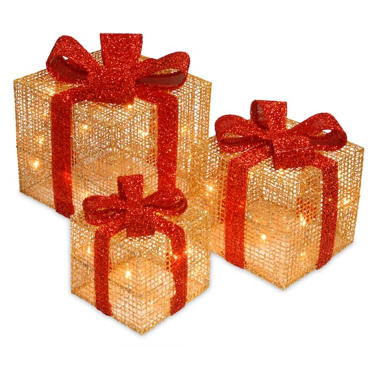 Gold & Red Gift Box Set with Holly with Clear Lights