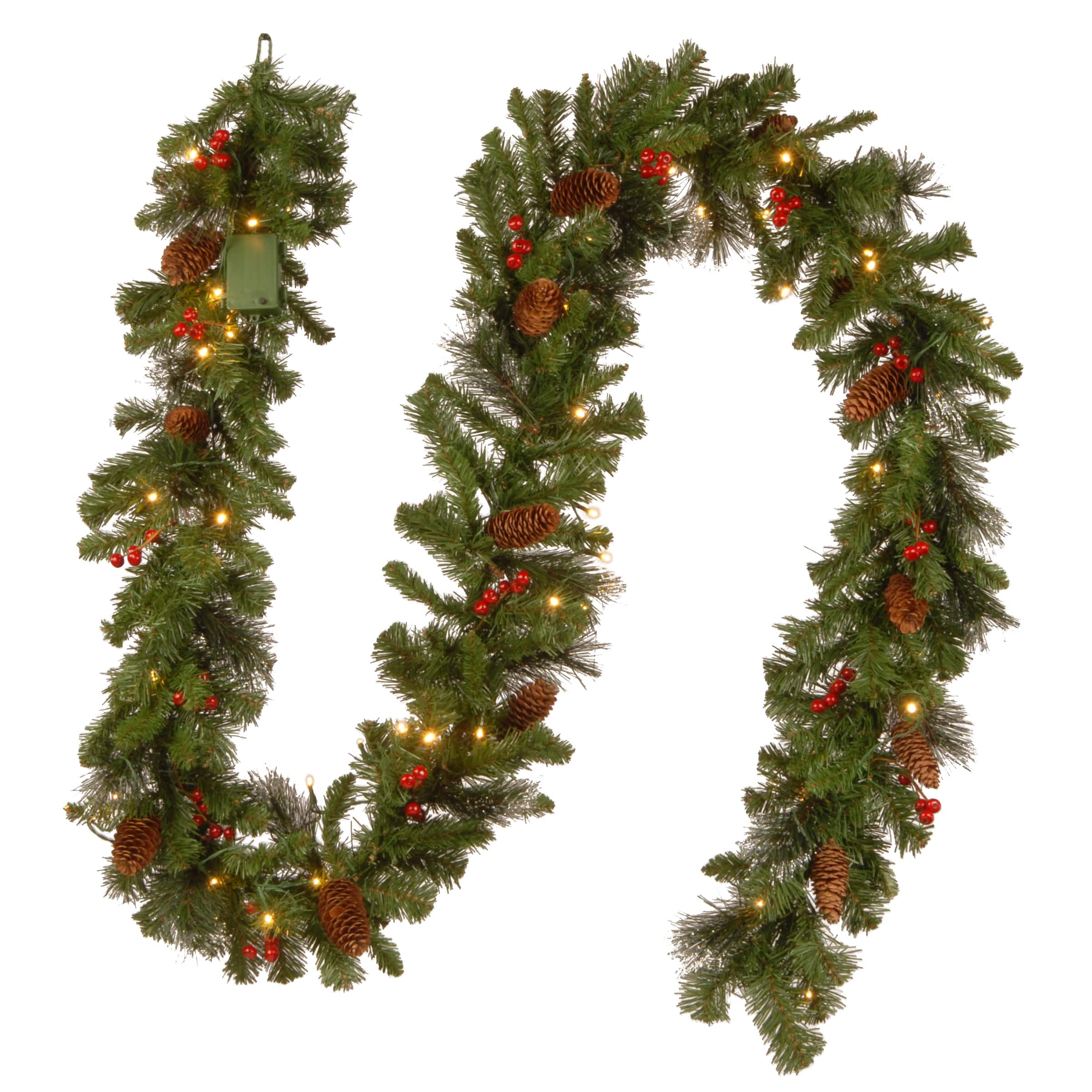 9' x 10" Pre-lit Crestwood® Spruce Artificial Christmas Garland with Silver Bristle, Cones, Red Berries and Glitter with 50 Battery Operated Soft White LED Lights