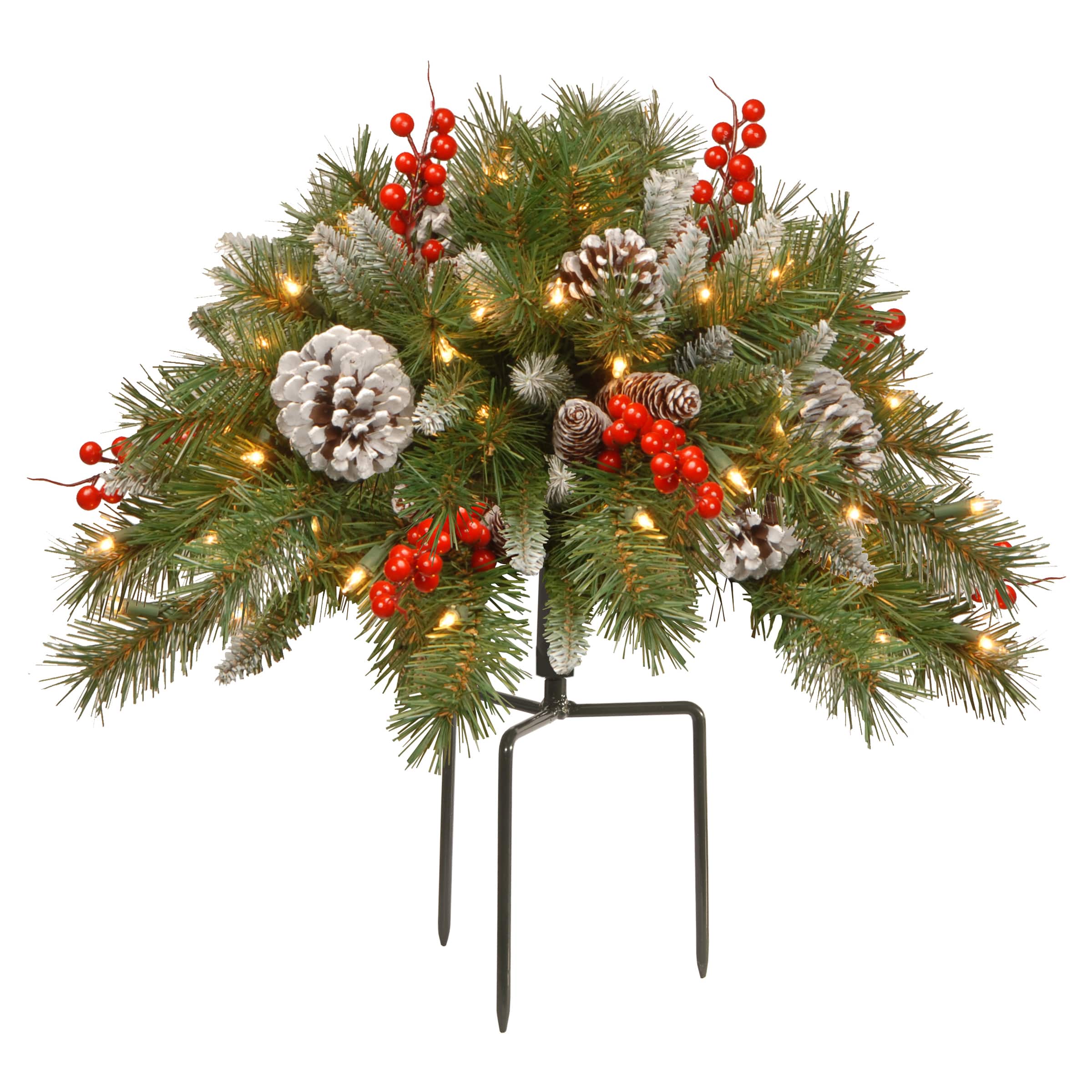 18&#x27; Pre-lit Frosted Berry Artificial Christmas Urn Filler with Cones, Red Berries, Tripod Stake &#x26; Warm White LED Lights