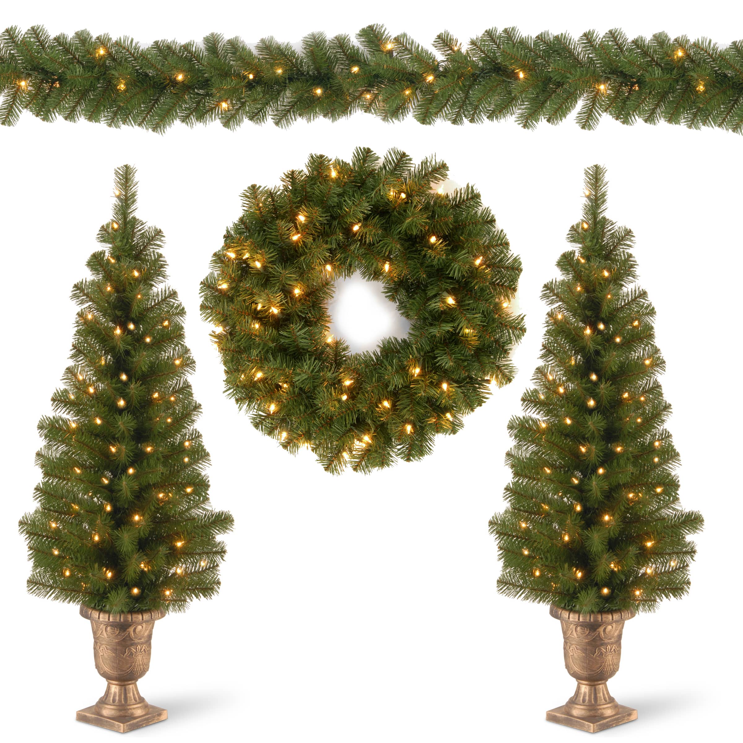 4-Piece Pre-Lit Artificial Christmas Entrance Trees, Garland & Wreath