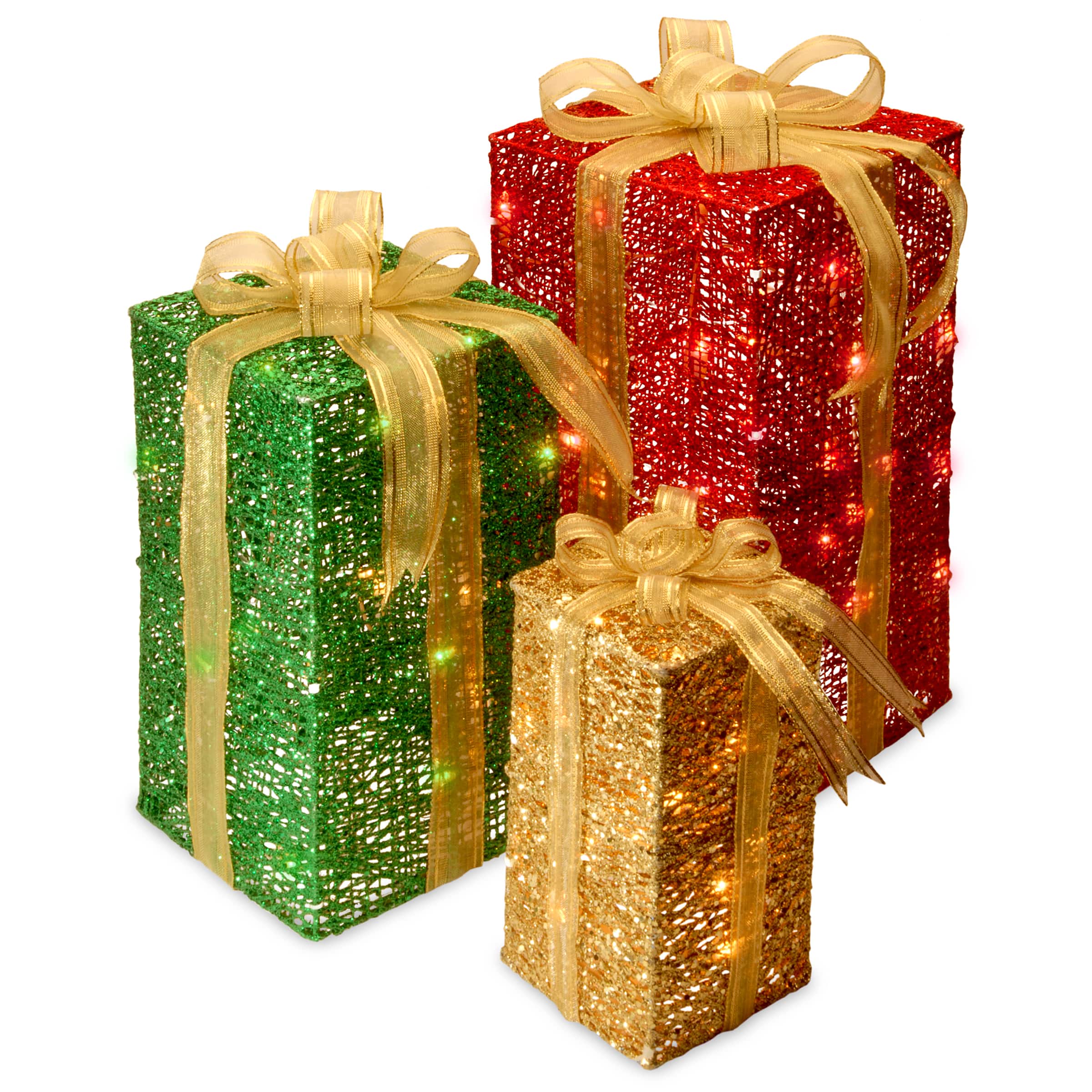 Set of 3 Sisal Gift Box, Clear Mini Lights