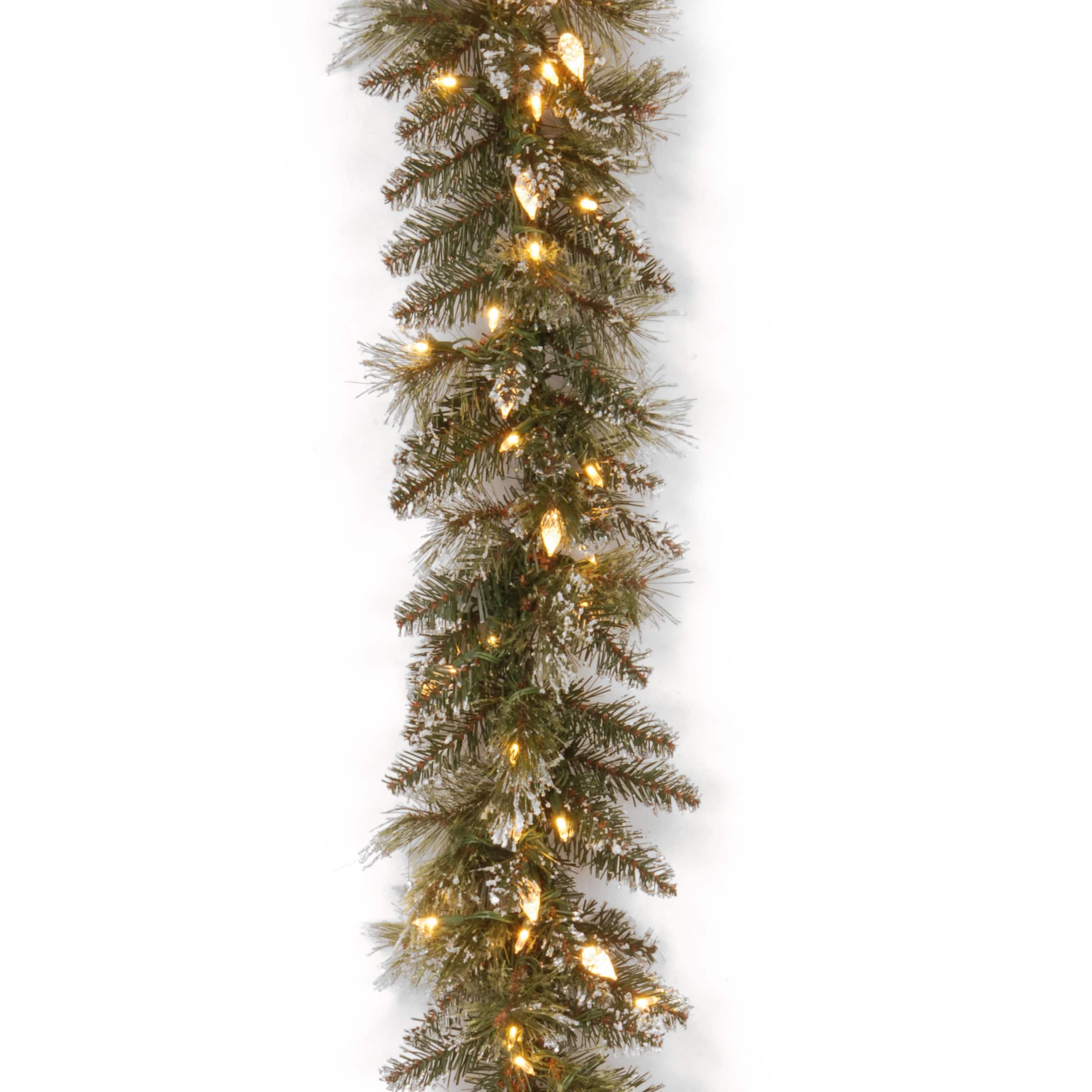 9' x 10" Pre-lit Glittery Bristle® Pine Artificial Christmas Garland with 100 Soft White LED Lights with C7 Diamond Caps