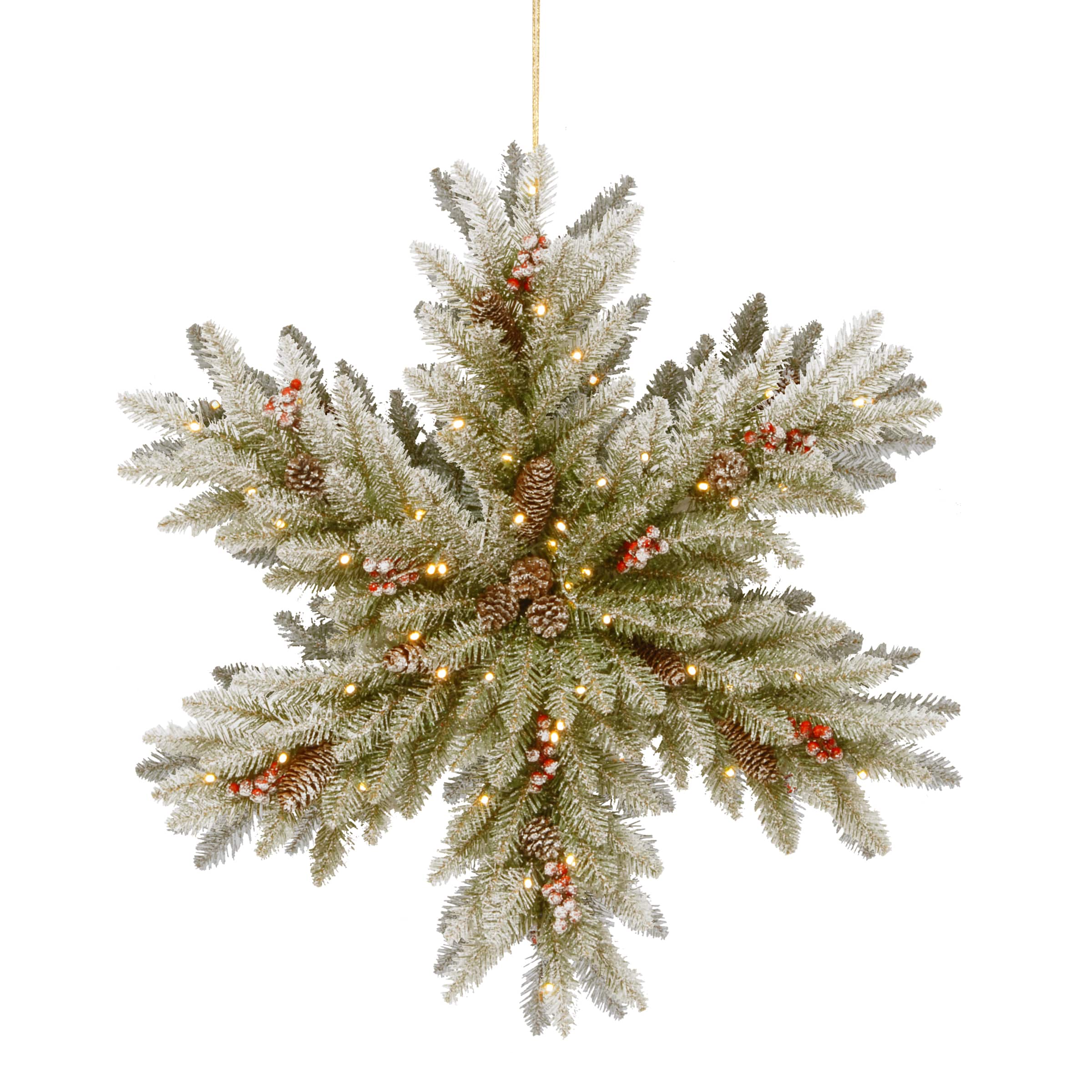 32" Snowy Dunhill® Fir Double Sided Snowflake with Pine Cones, Red Berries & Warm White LED Lights