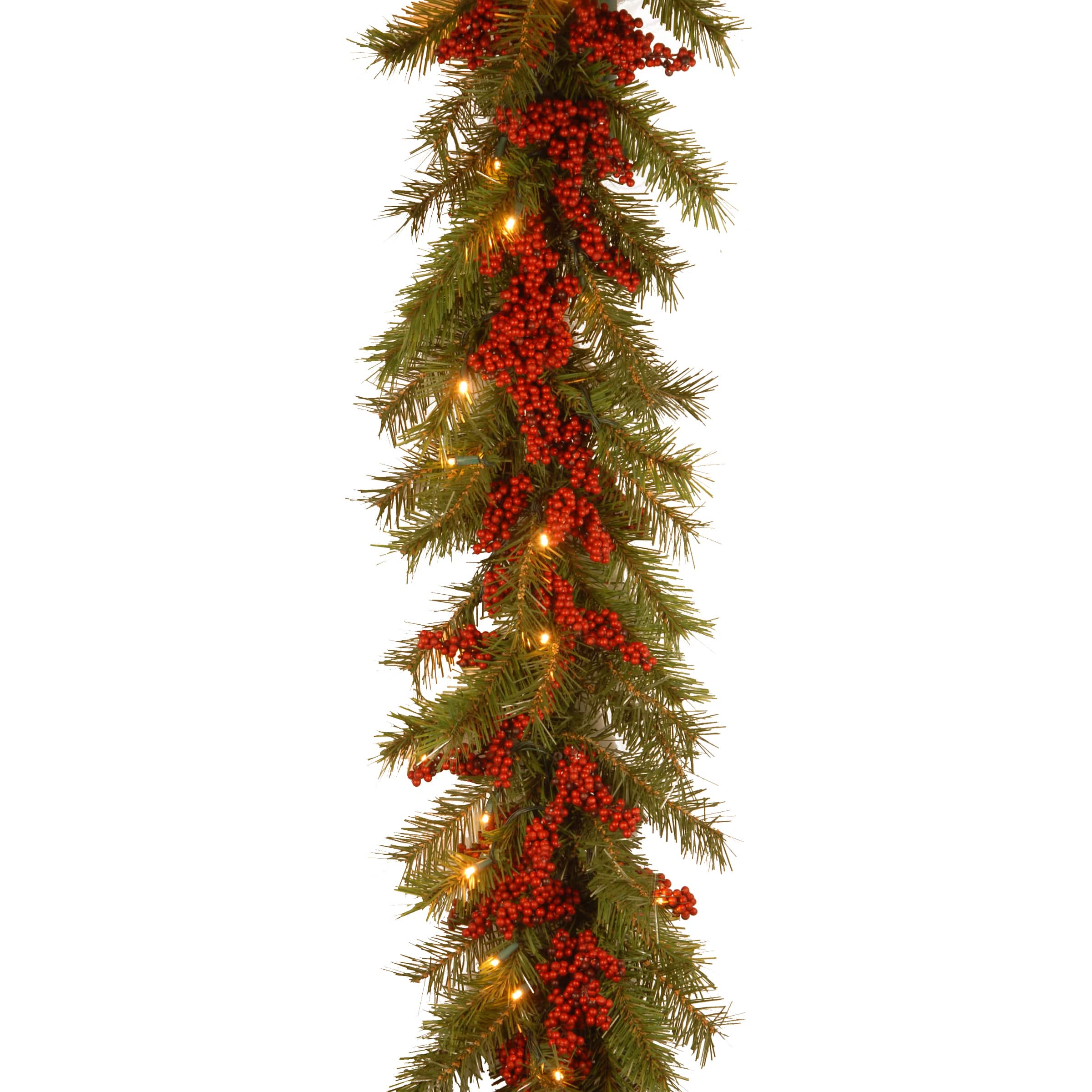 9&#x27; X 14&#x22; Pre-lit Decorative Collection Valley Pine Artificial Christmas Garland with Red Berries and 50 Soft White Battery Operated LEDs with Timer