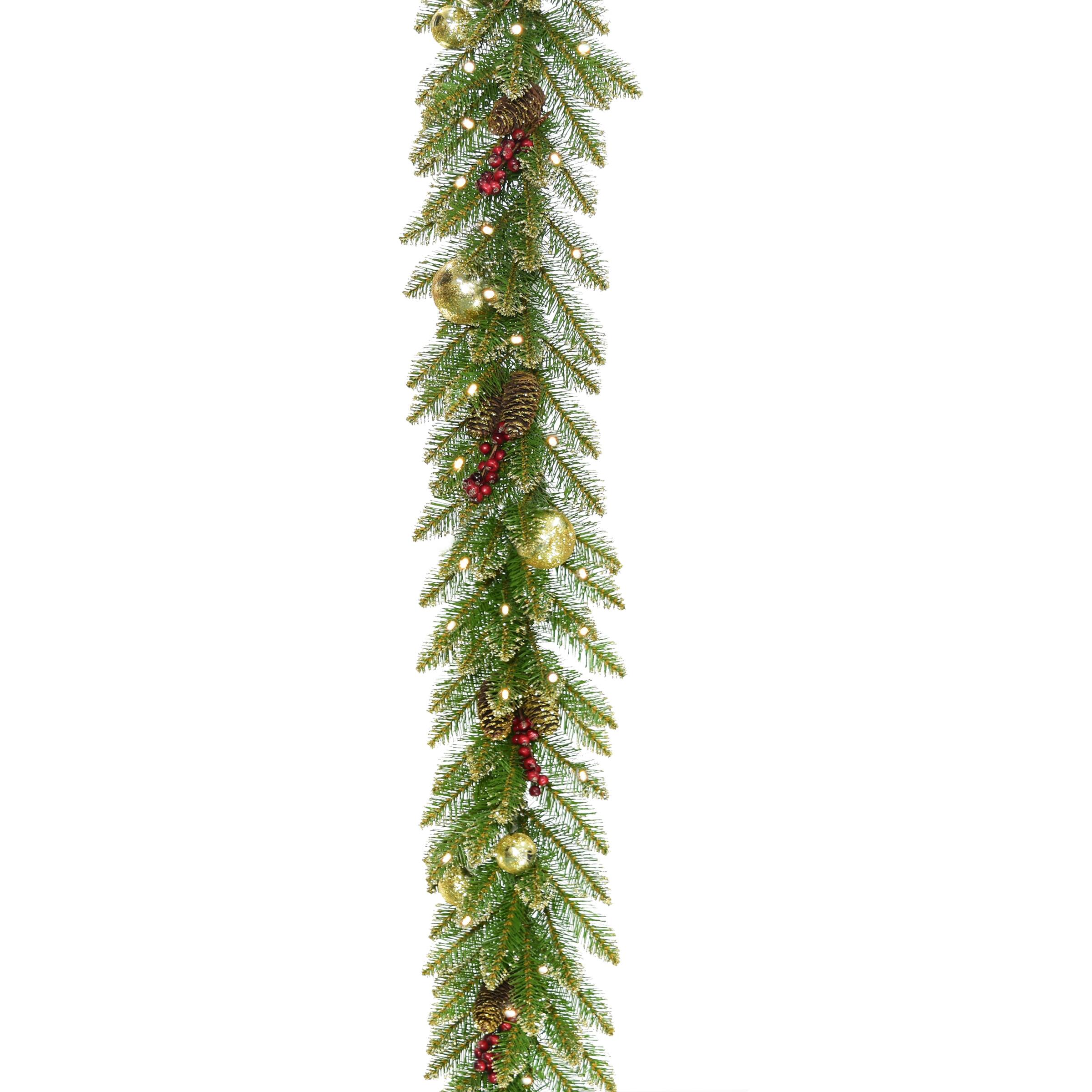9'x 10" Pre-lit Glittery Gold Dunhill® Fir Artificial Christmas Garland w/ Red Berries, Gold Edged Cones, Gold Ornaments & Warm White Battery Operated LED Lights w/Timer