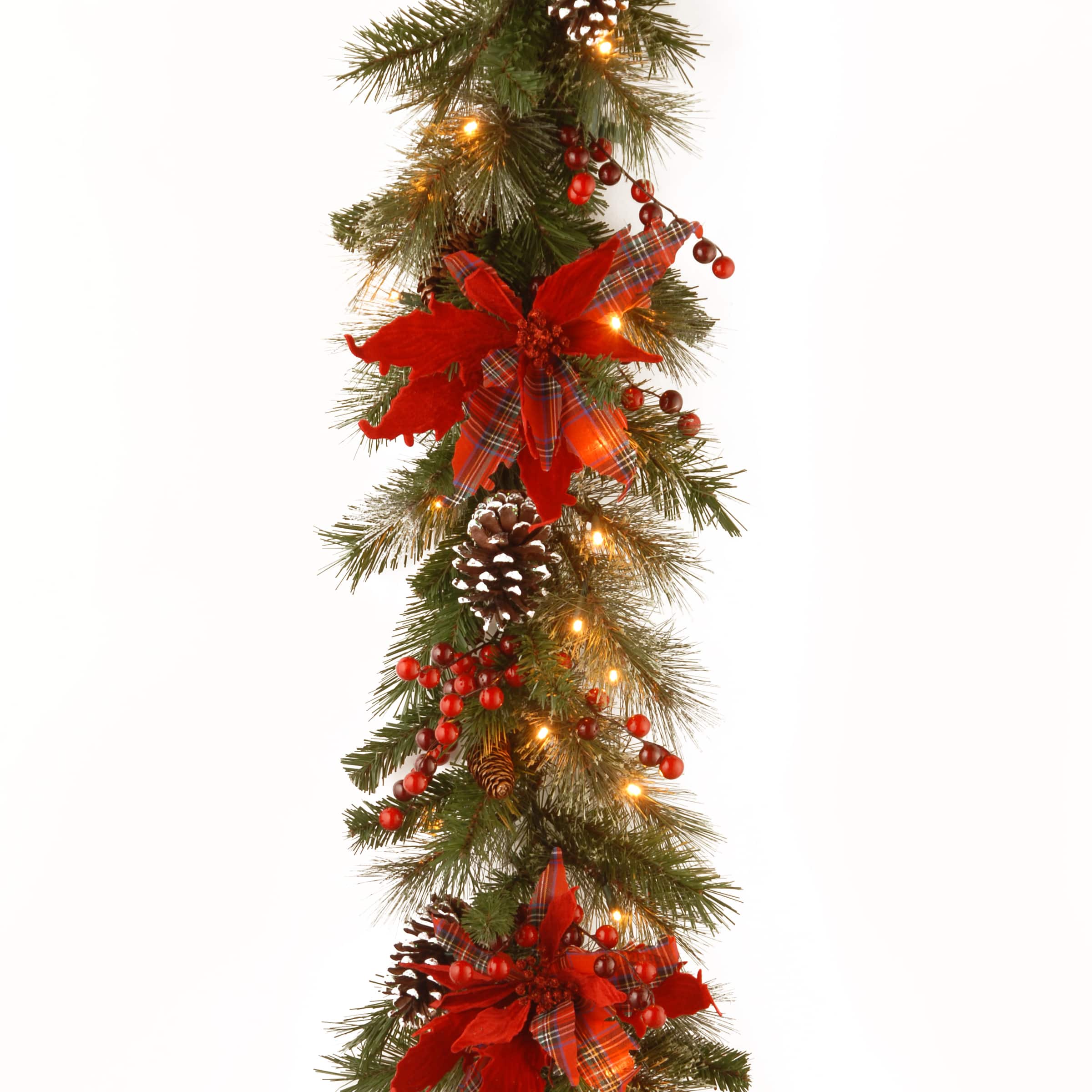 9&#x27; X 12&#x22; Pre-lit Decorative Collection Tartan Plaid Artificial Christmas Garland with Cones, Red Berries, Poinsettias and Soft White LED 