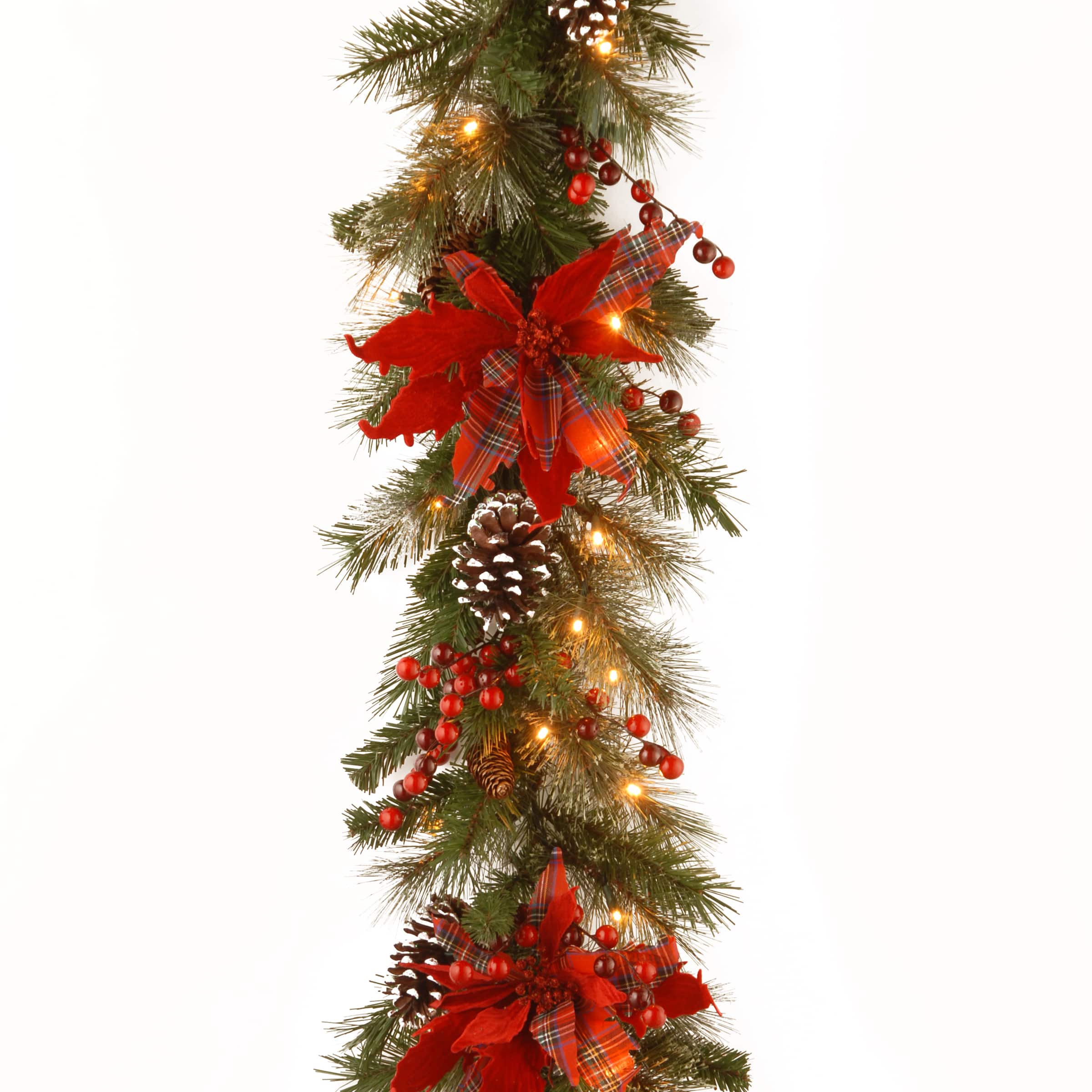 9' X 12" Pre-lit Decorative Collection Tartan Plaid Artificial Christmas Garland with Cones, Red Berries, Poinsettias and Soft White LED