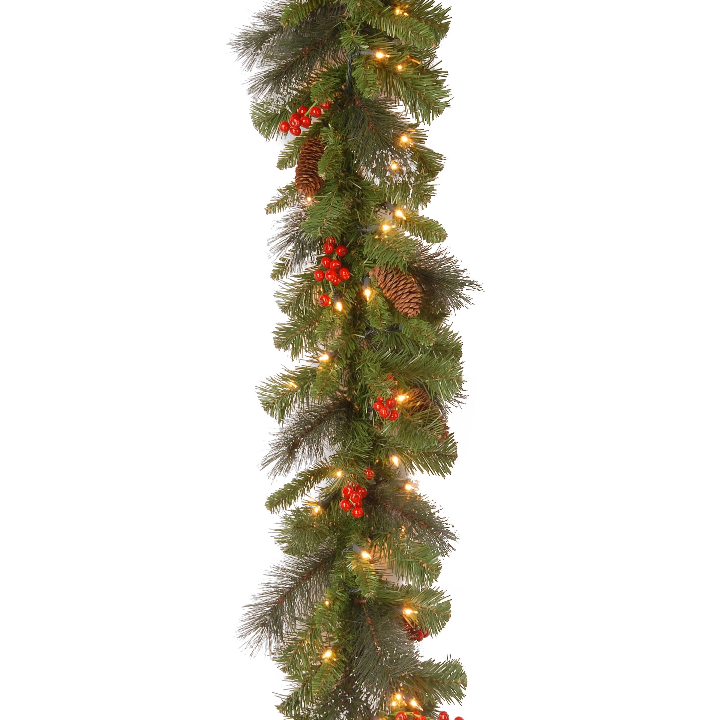 9ft. Pre-Lit Crestwood&#xAE; Spruce Garland with Silver Bristle, Cones, Red Berries and Glitter with 50 Clear Lights