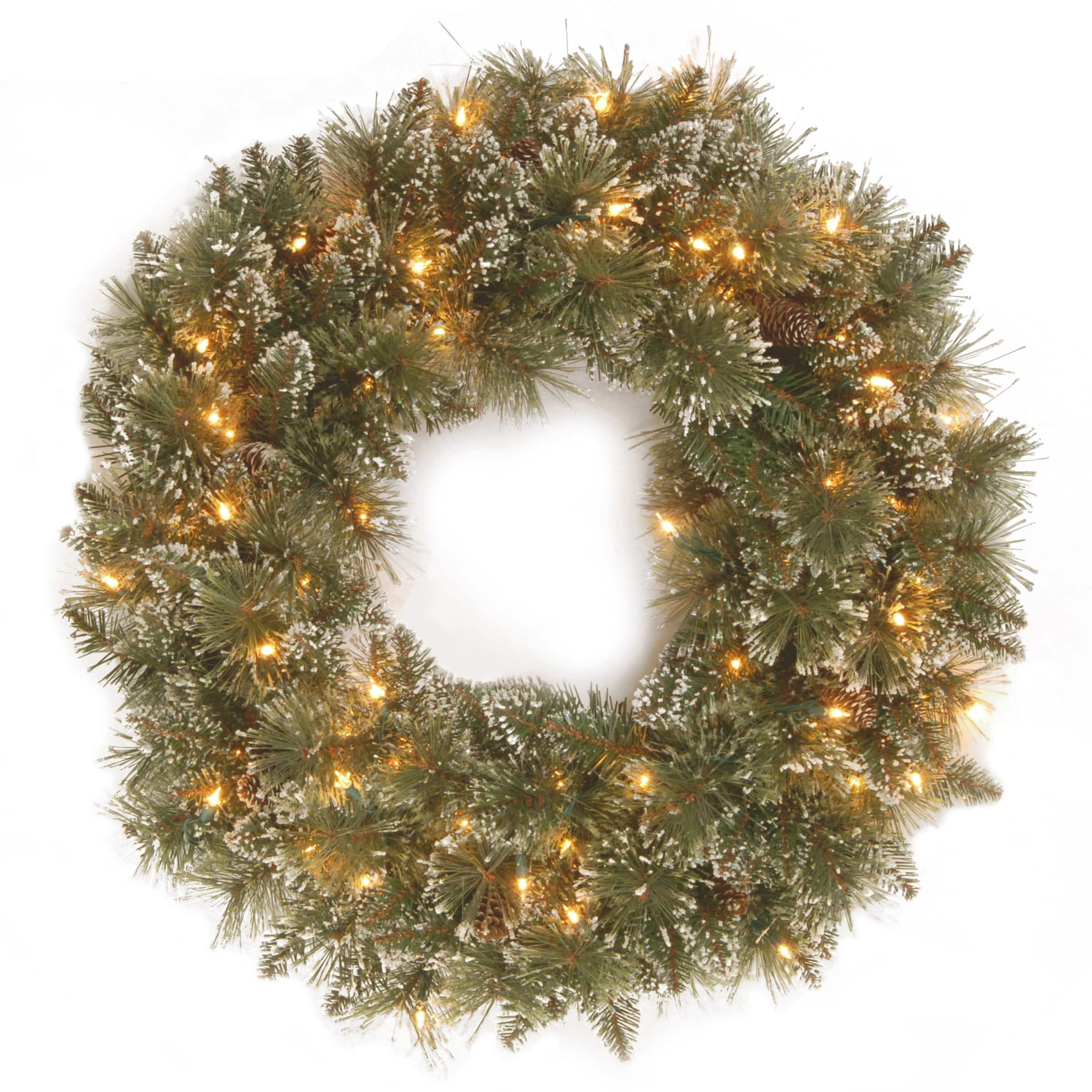 24&#x22; Glittery Bristle&#xAE; Pine Wreath with Pine Cones &#x26; Warm White LED Lights