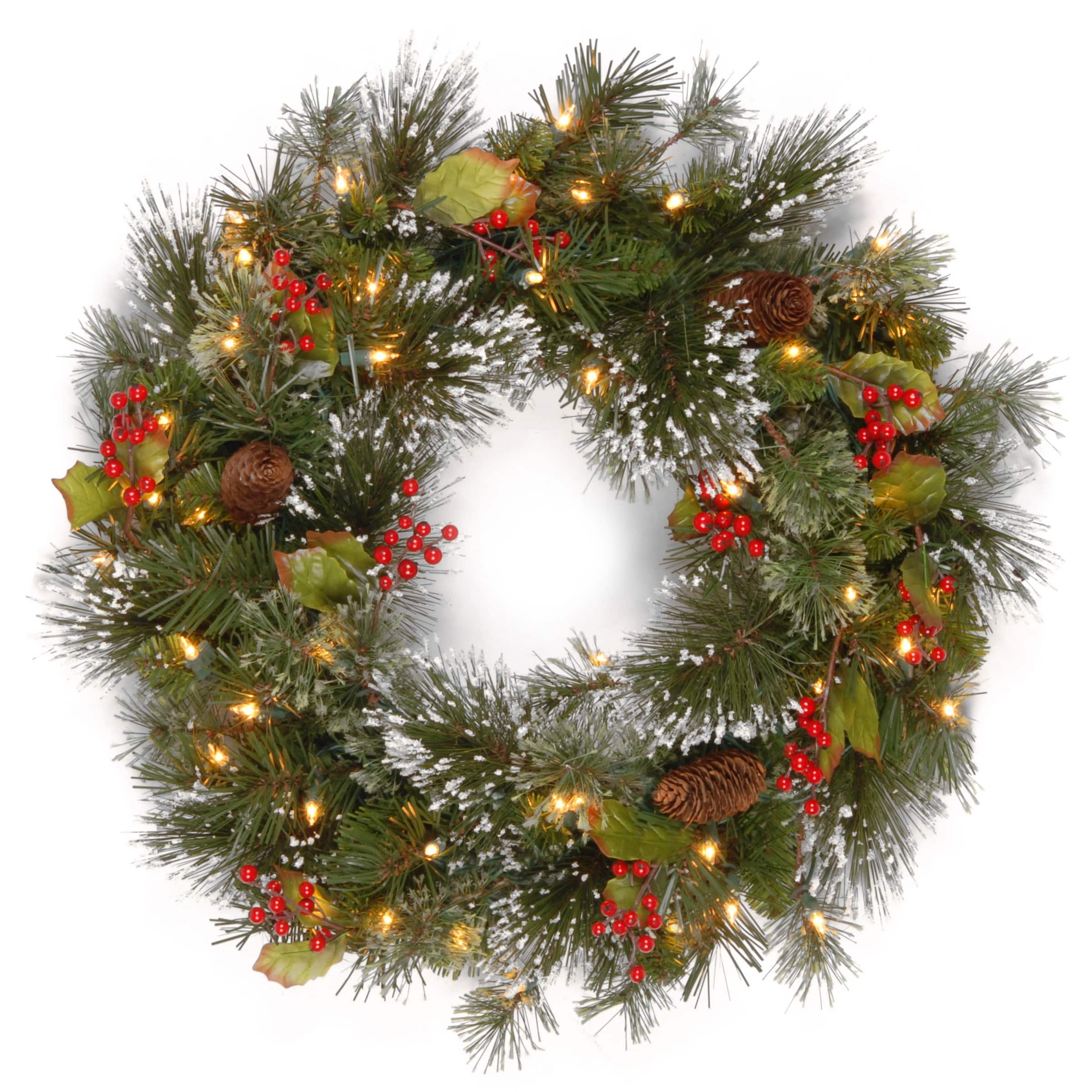 24" Wintry Pine® Wreath with Pine Cones, Red Berries, Snowflakes & Clear Lights