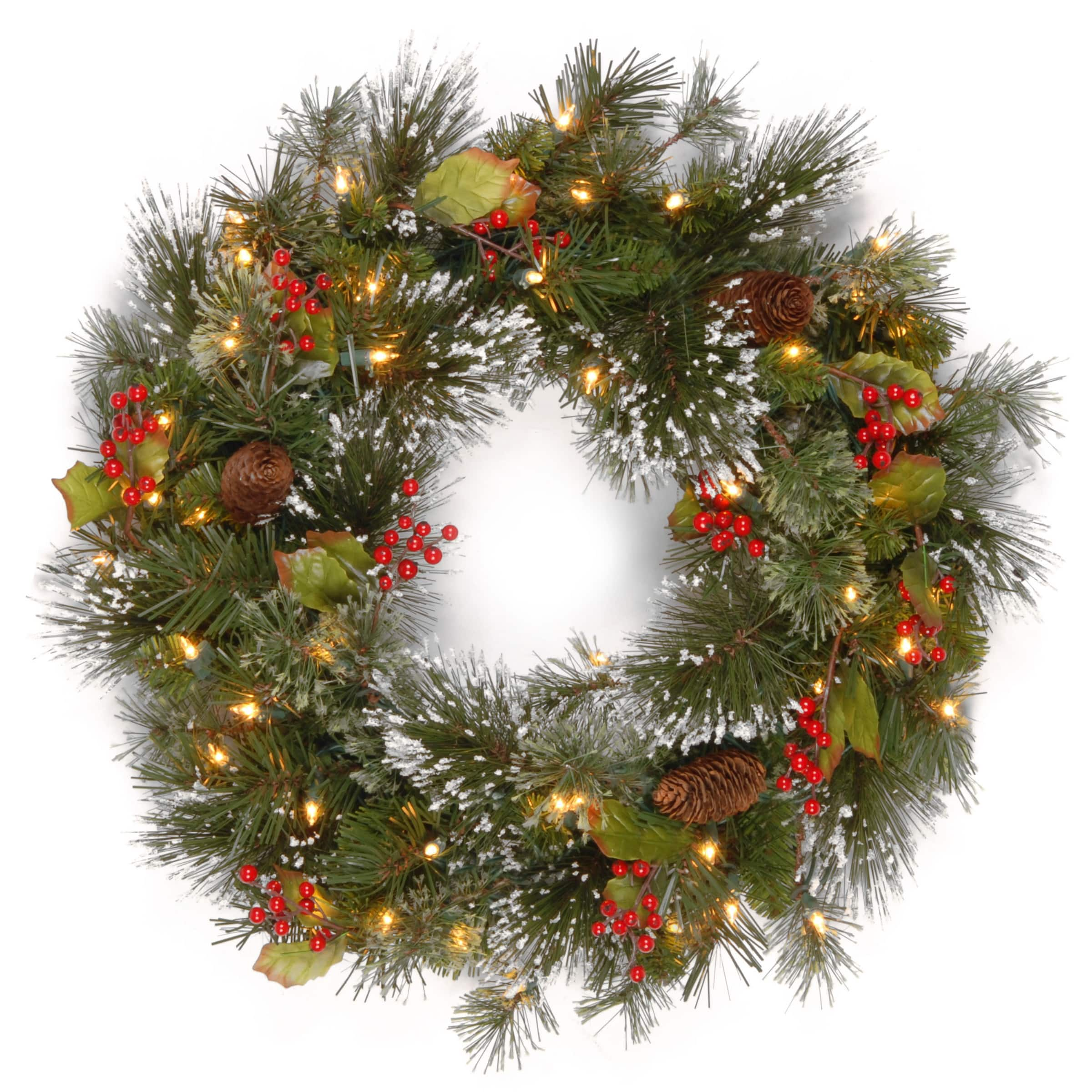 24&#x22; Wintry Pine&#xAE; Wreath with Pine Cones, Red Berries, Snowflakes &#x26; Clear Lights