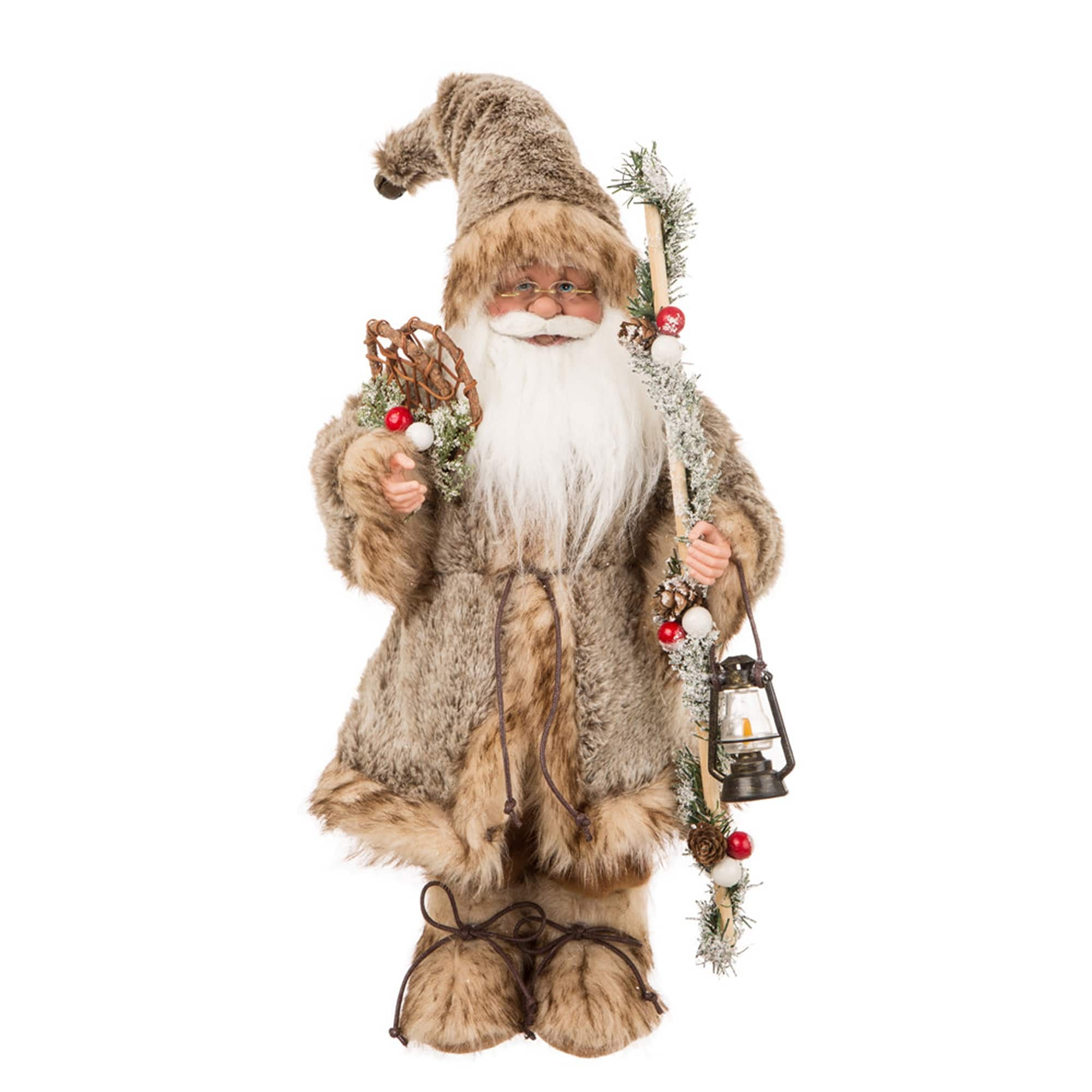 Glitzhome&#xAE; 18&#x22; Christmas Light Brown Faux Fur Santa Figurine